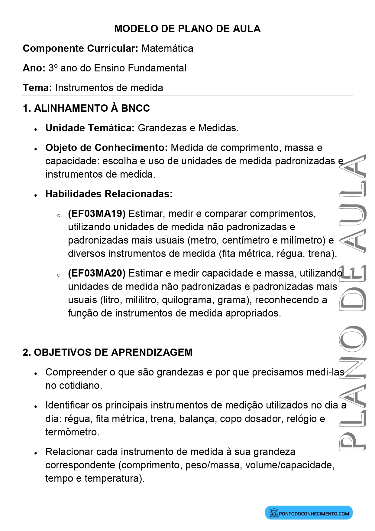 Plano de aula de Matemática para o 3º ano sobre instrumentos de medida