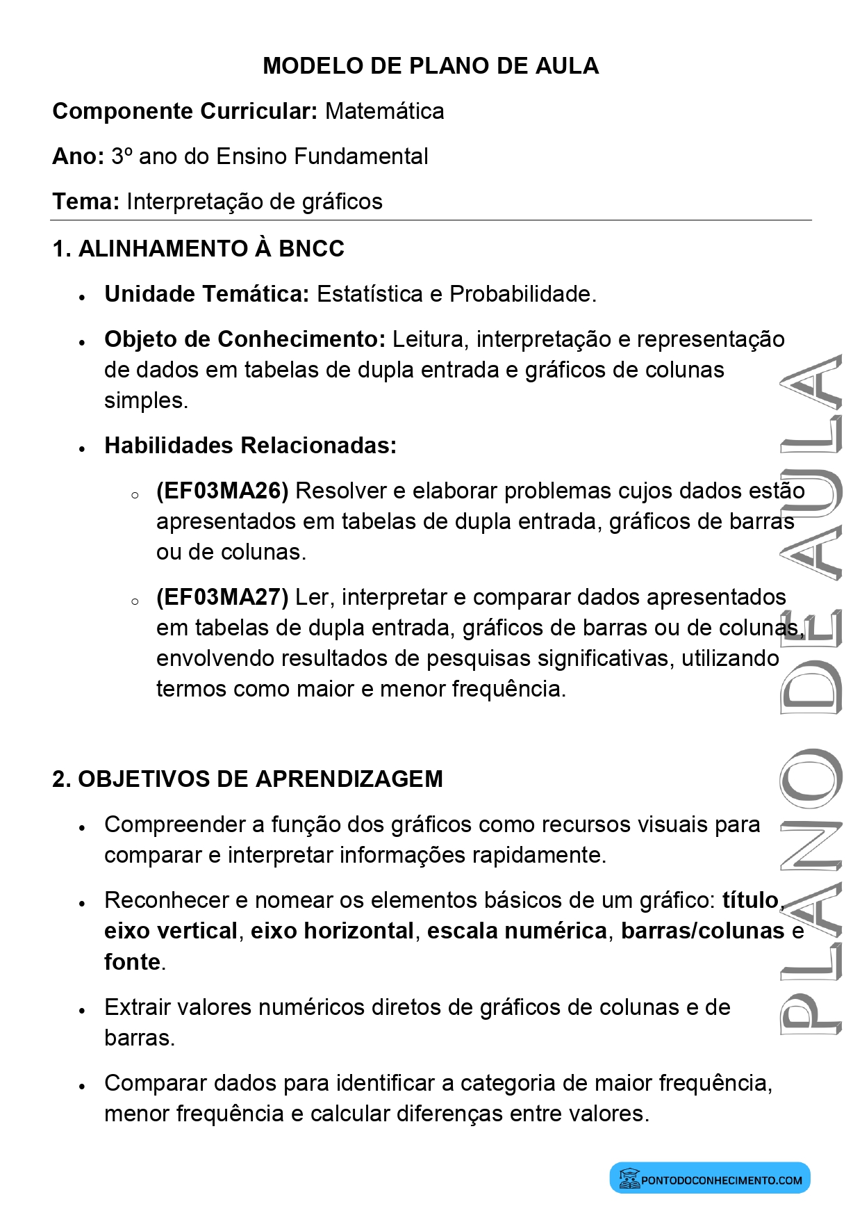 Plano de aula de Matemática para o 3º ano sobre interpretação de gráficos