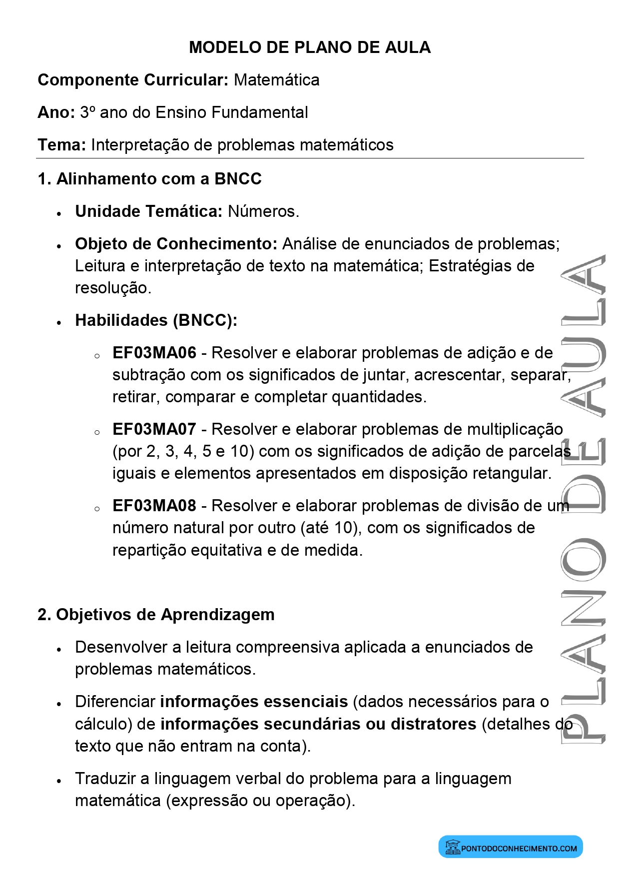 Modelo de plano de aula de Matemática para o 3º ano do Ensino Fundamental sobre interpretação de problemas matemáticos