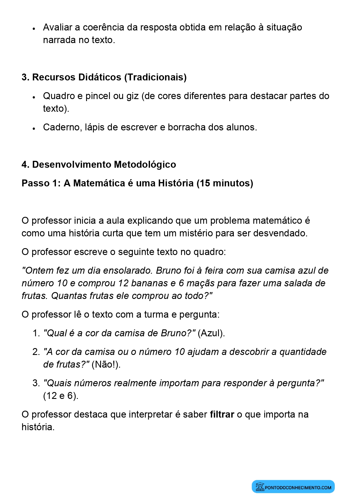 Plano de aula sobre leitura e interpretação de problemas matemáticos