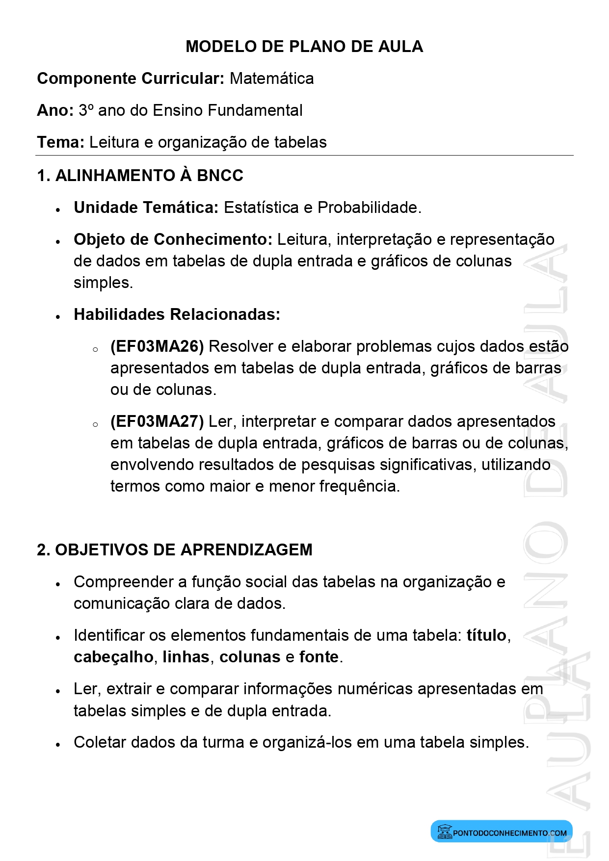 Modelo de plano de aula de Matemática para o 3º ano do Ensino Fundamental sobre leitura e organização de tabelas