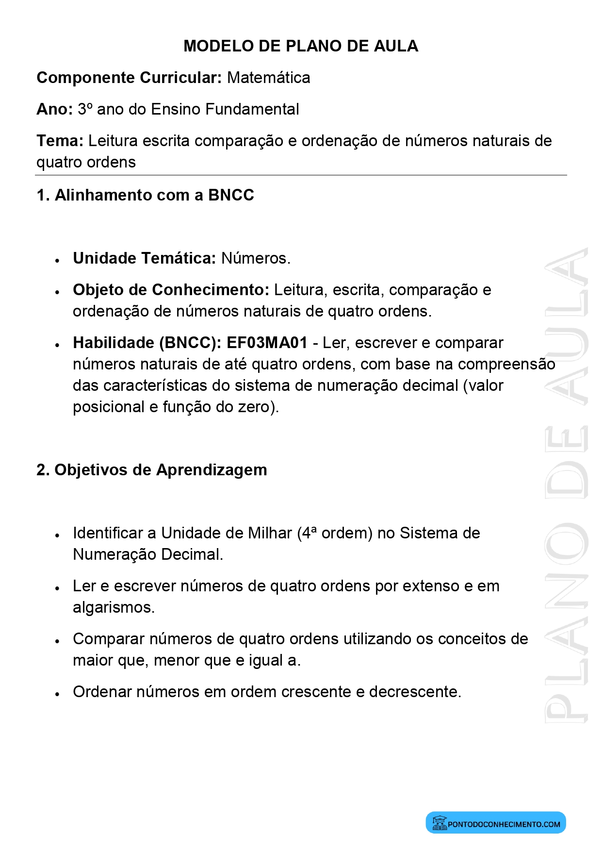 Modelo de plano de aula de Matemática para o 3º ano do Ensino Fundamental sobre leitura escrita comparação e ordenação de números naturais de quatro ordens