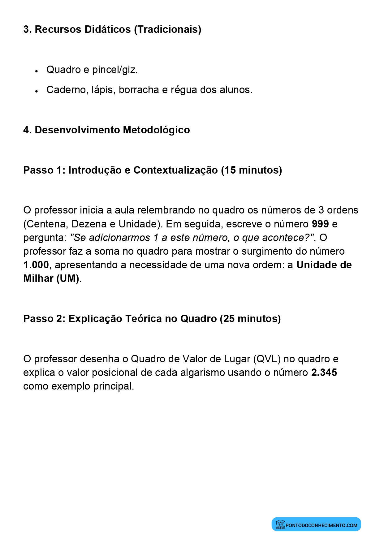 Plano de aula sobre comparação de números naturais de quatro ordens