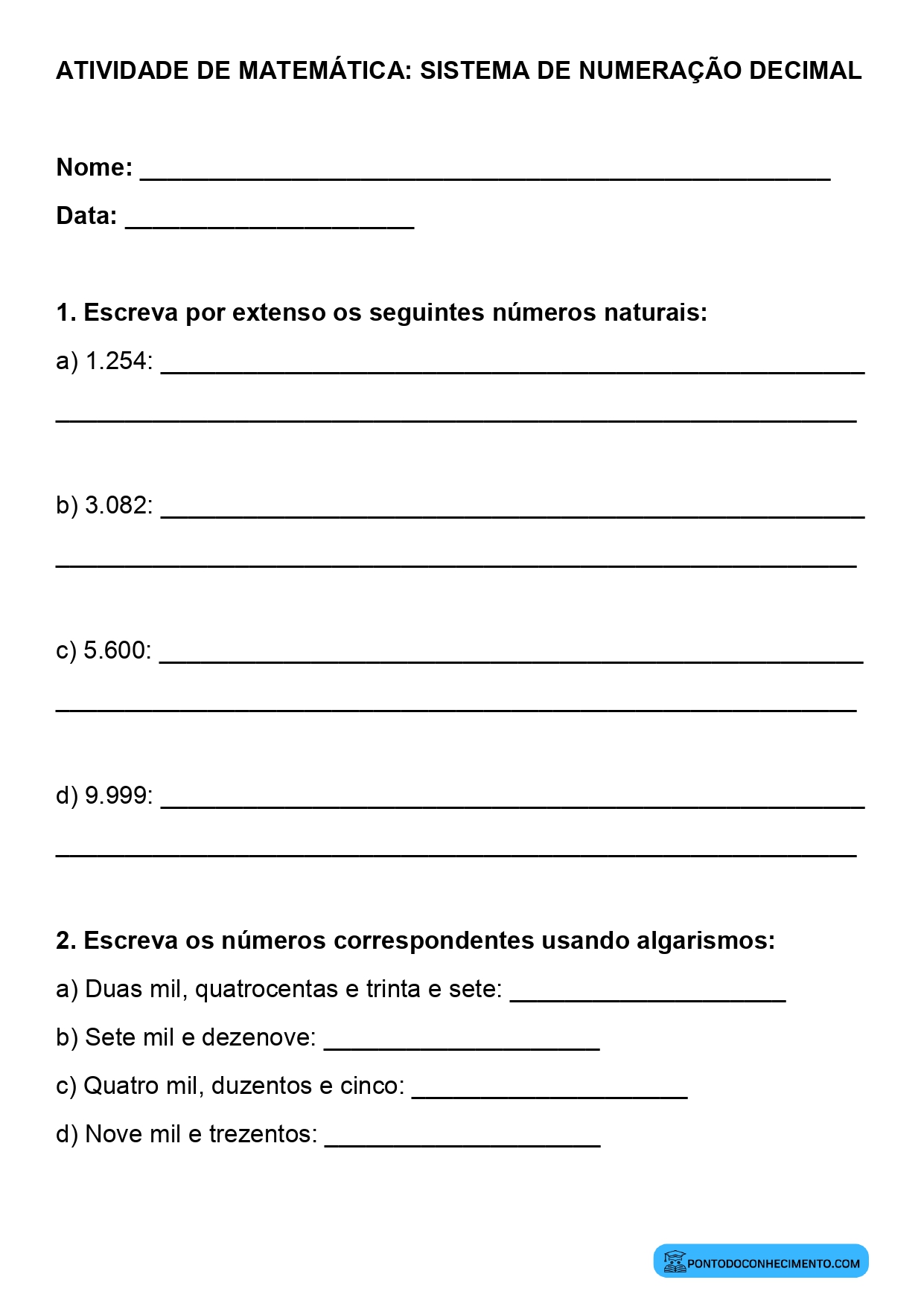 Plano de aula sobre escrita de números naturais até quatro ordens