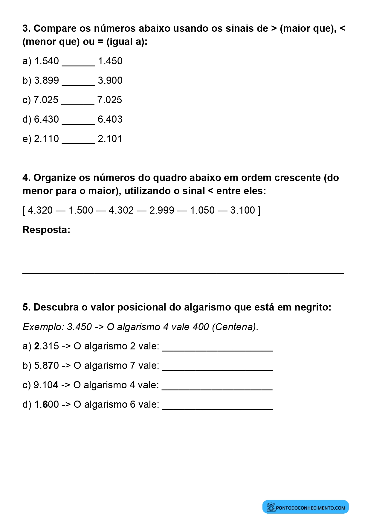 Plano de aula de Matemática sobre comparação de números de até quatro algarismos