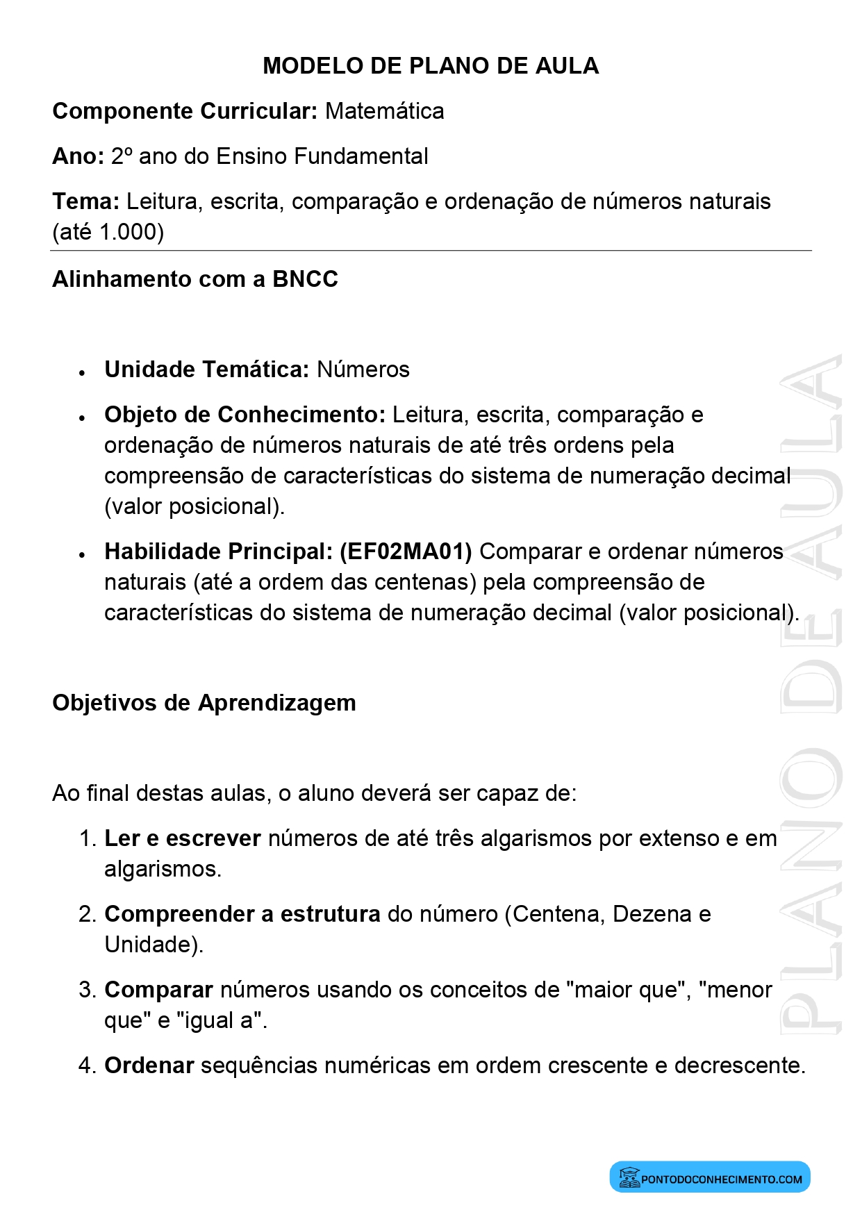 Modelo de Plano de Aula de Matemática para o 2º Ano do Ensino Fundamental sobre Leitura Escrita Comparação e Ordenação de Números Naturais até 1000