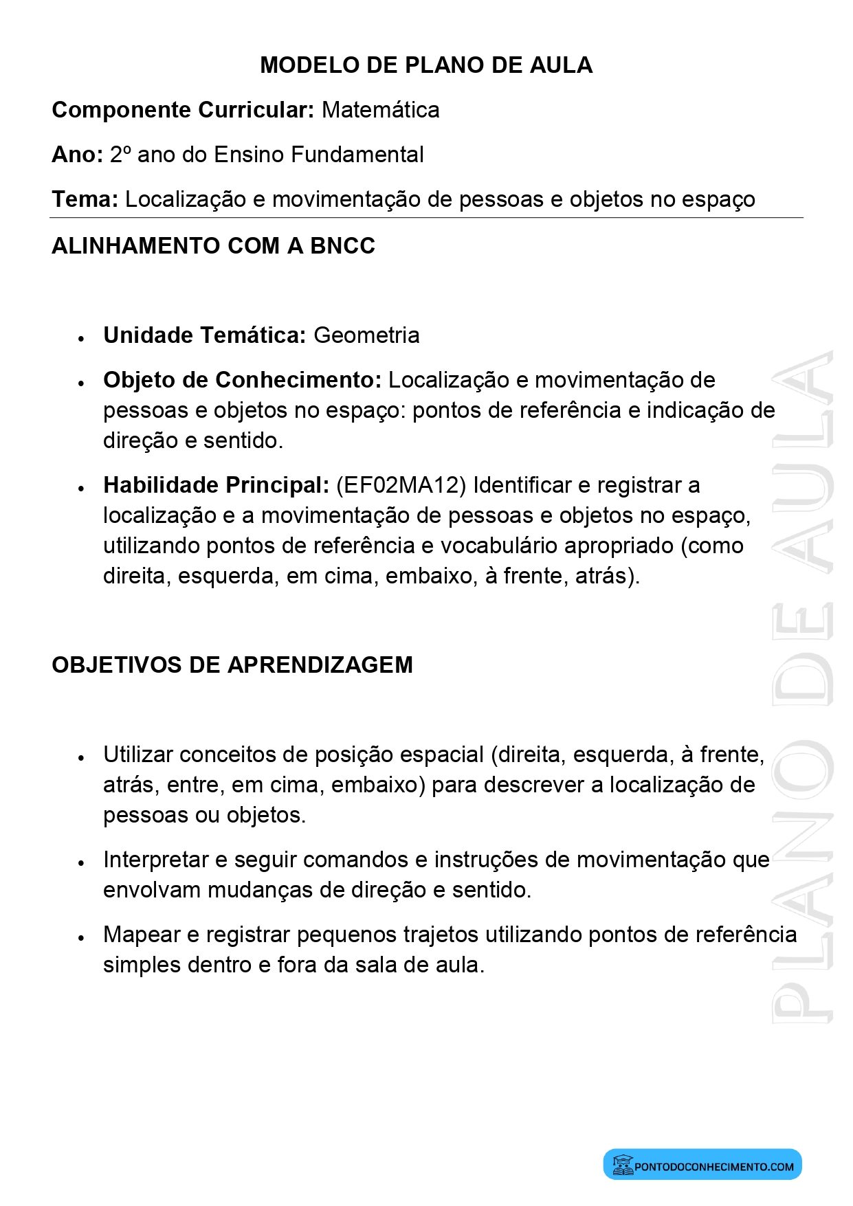 Modelo de Plano de Aula de Matemática para o 2º Ano do Ensino Fundamental sobre Localização e Movimentação de Pessoas e Objetos no Espaço