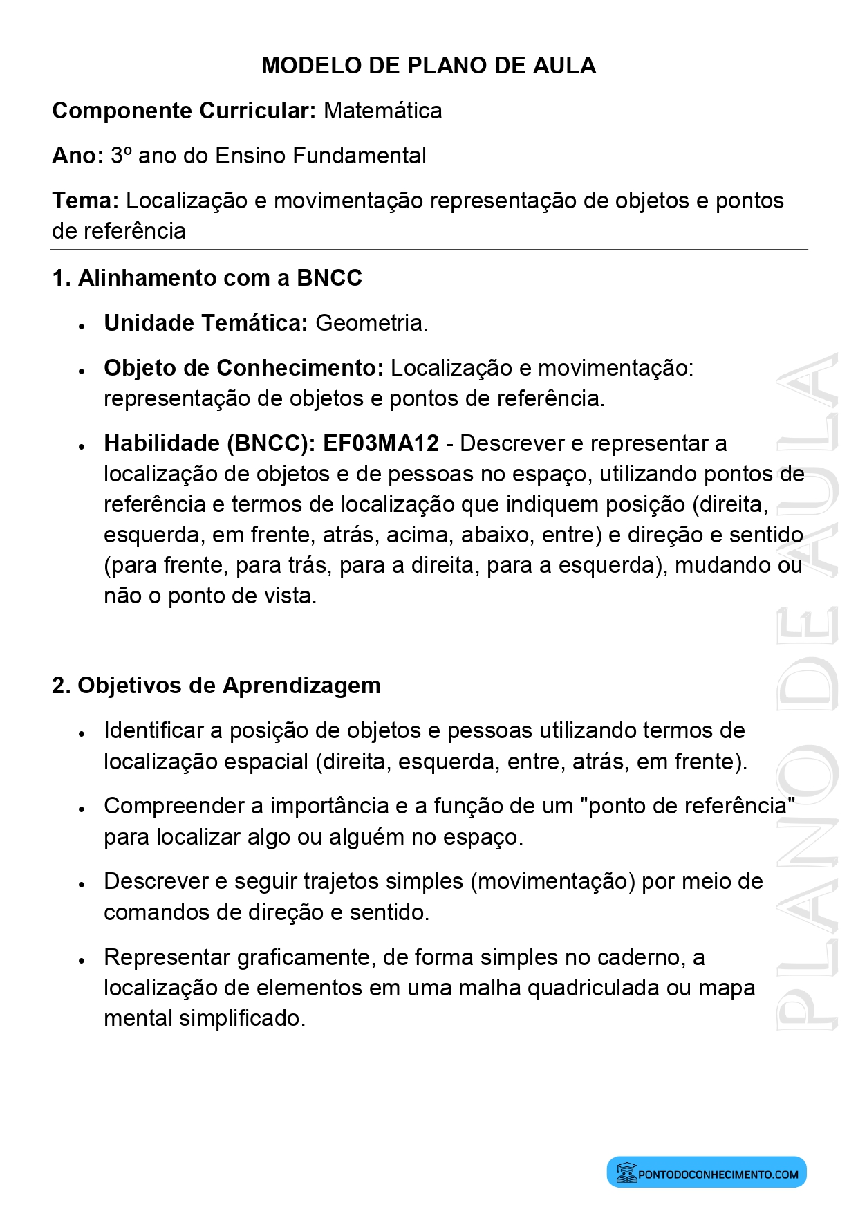 Modelo de plano de aula de Matemática para o 3º ano do Ensino Fundamental sobre localização e movimentação representação de objetos e pontos de referência