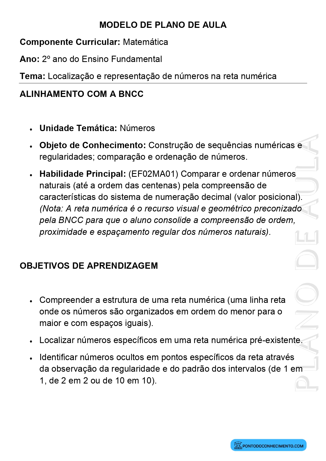 Modelo de Plano de Aula de Matemática para o 2º Ano do Ensino Fundamental sobre Localização e Representação de Números na Reta Numérica