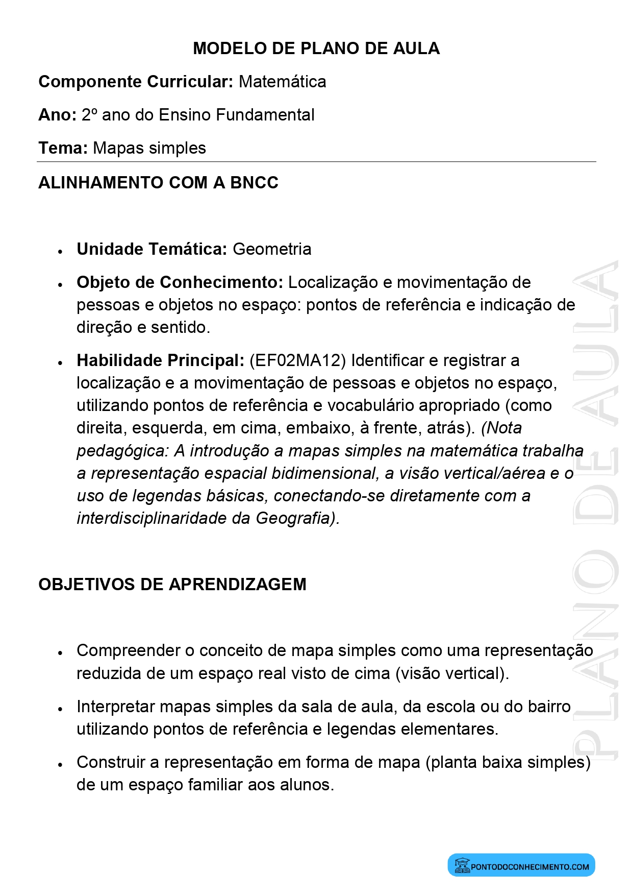 Modelo de Plano de Aula de Matemática para o 2º Ano do Ensino Fundamental sobre Mapas Simples
