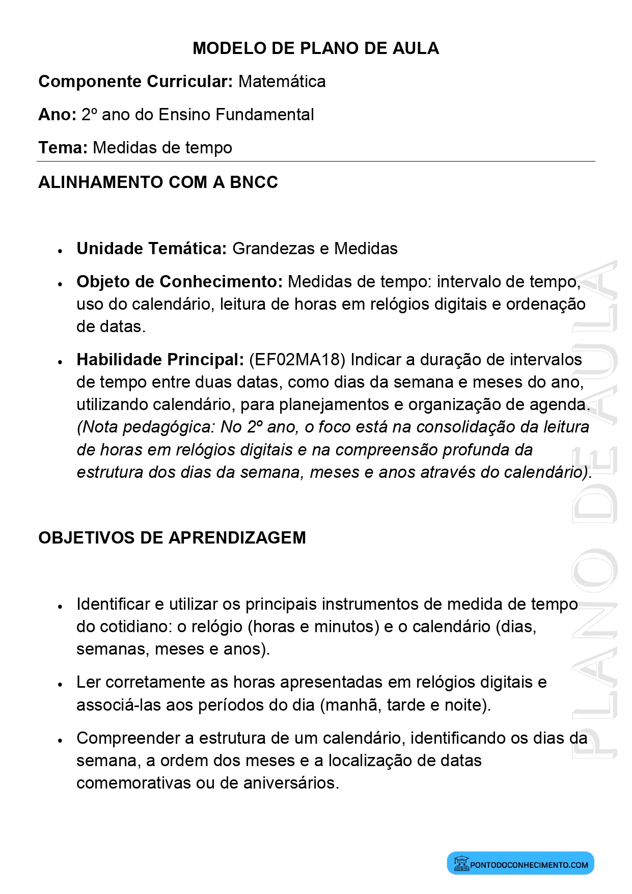 Modelo de Plano de Aula de Matemática para o 2º Ano do Ensino Fundamental sobre Medidas de Tempo