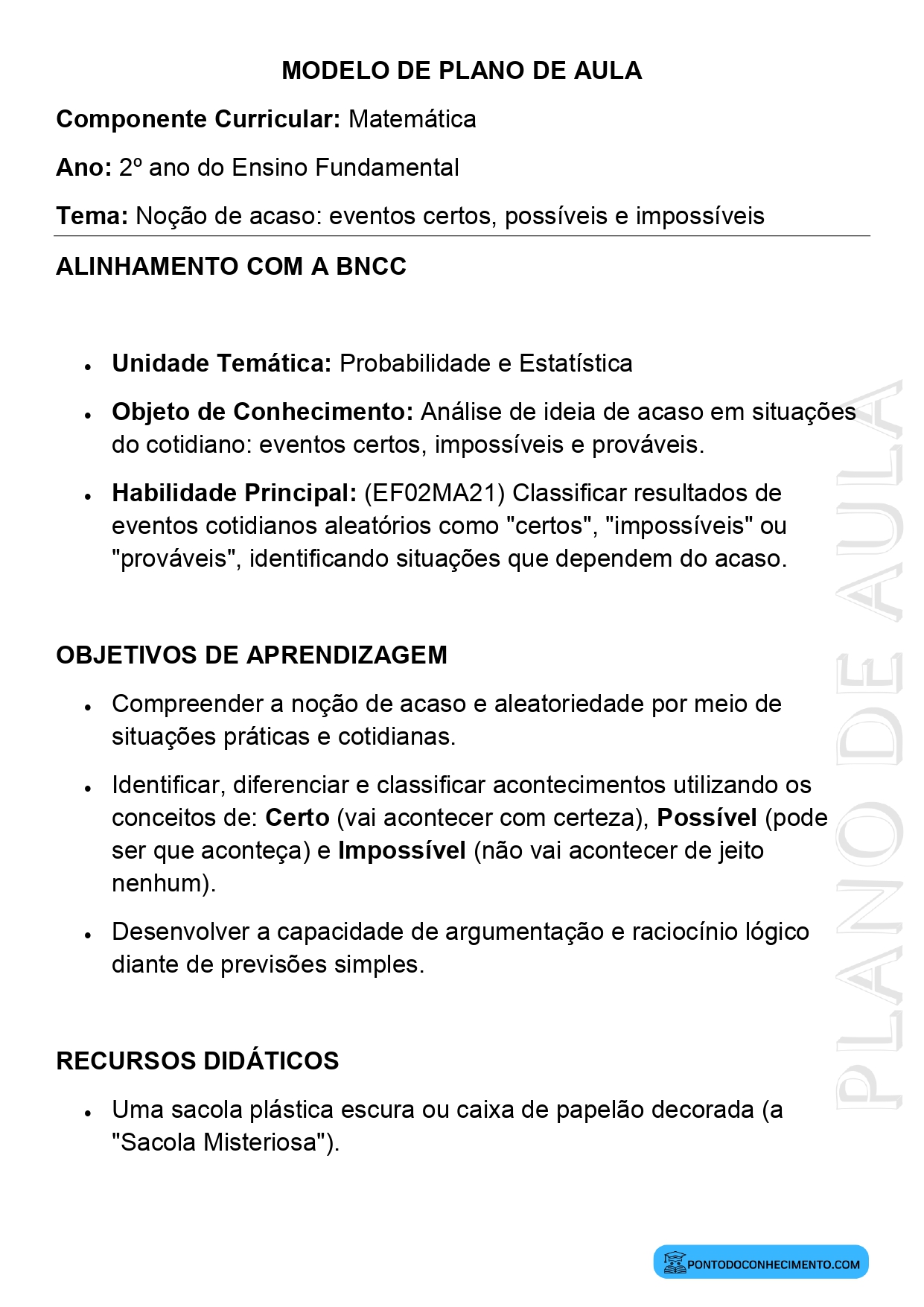 Modelo de Plano de Aula de Matemática para o 2º Ano do Ensino Fundamental sobre Noção de Acaso Eventos Certos Possíveis e Impossíveis
