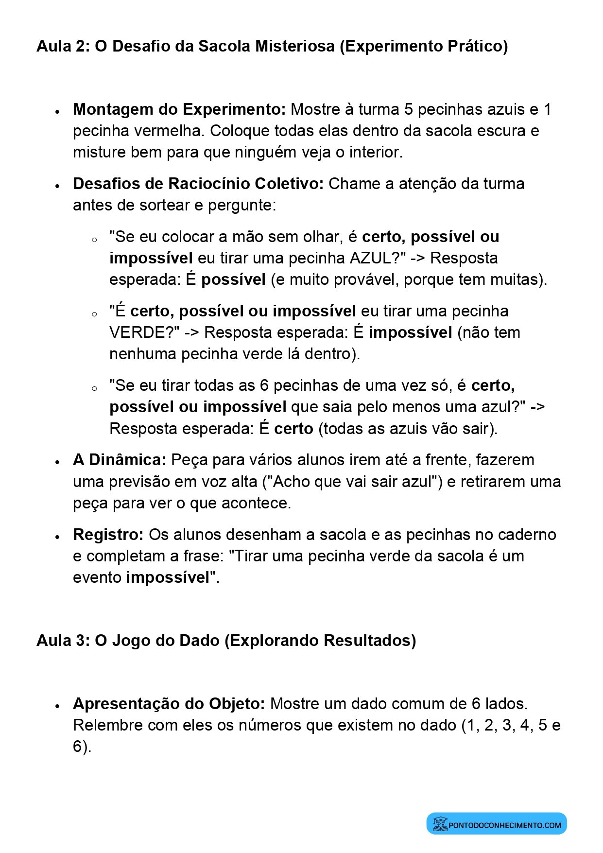 Plano de Aula Completo de Matemática 2º Ano Noção de Acaso Eventos Certos Possíveis e Impossíveis