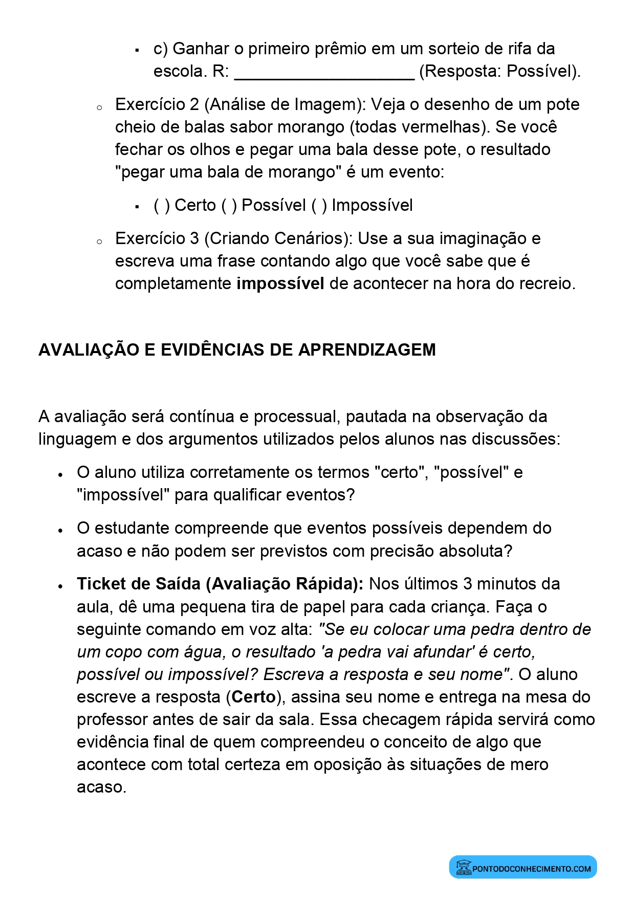 Plano de Aula Alinhado à BNCC Matemática 2º Ano Noção de Acaso Eventos Certos Possíveis e Impossíveis