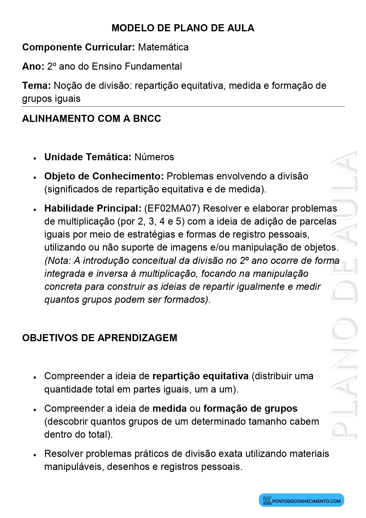 Modelo de Plano de Aula de Matemática para o 2º Ano do Ensino Fundamental sobre Noção de Divisão Repartição Equitativa Medida e Formação de Grupos Iguais