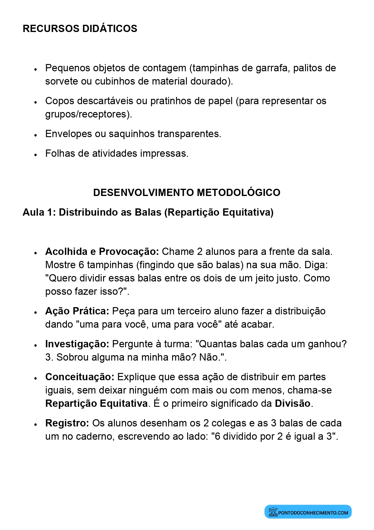 Plano de Aula Matemática 2º Ano Noção de Divisão Repartição Equitativa Medida e Formação de Grupos Iguais