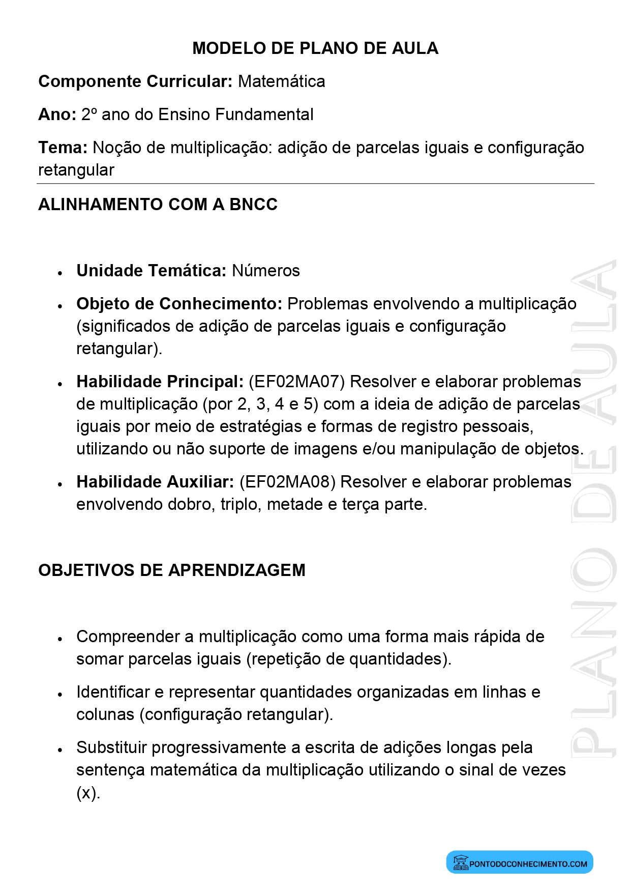 Modelo de Plano de Aula de Matemática para o 2º Ano do Ensino Fundamental sobre Noção de Multiplicação Adição de Parcelas Iguais e Configuração Retangular