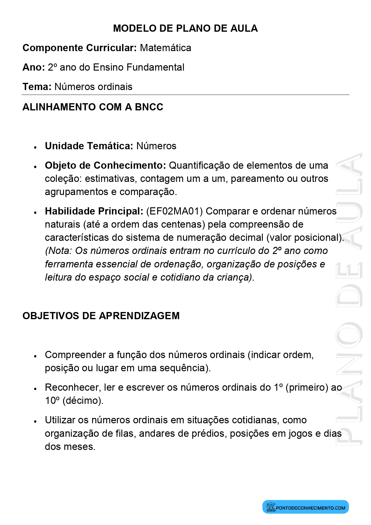 Modelo de Plano de Aula de Matemática para o 2º Ano do Ensino Fundamental sobre Números Ordinais