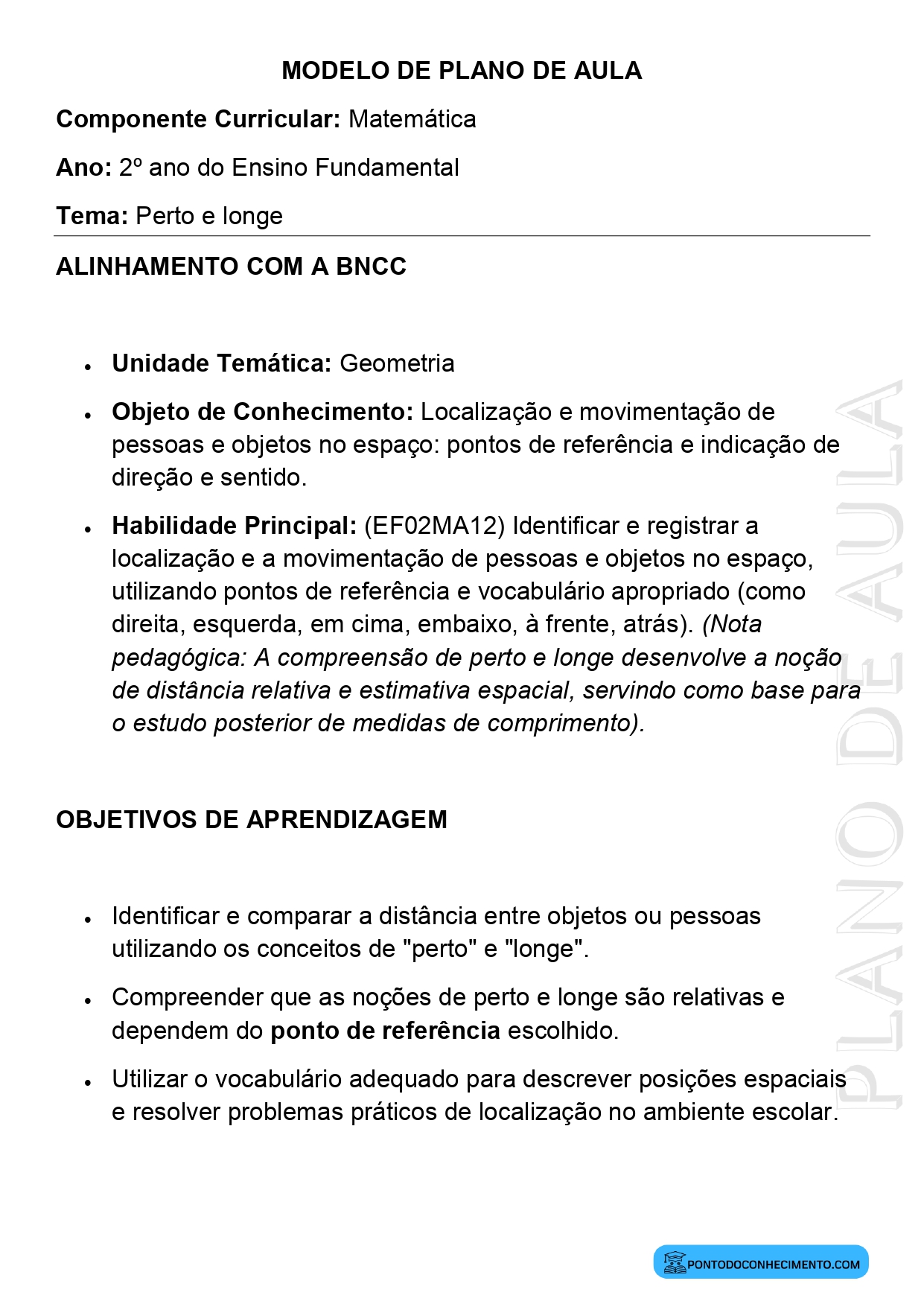 Modelo de Plano de Aula de Matemática para o 2º Ano do Ensino Fundamental sobre Perto e Longe