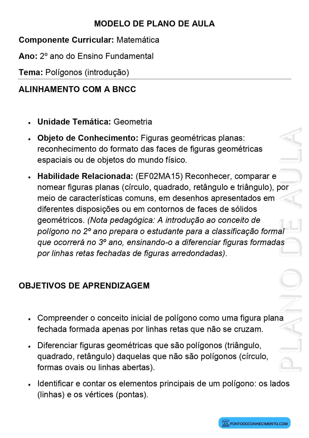 Modelo de Plano de Aula de Matemática para o 2º Ano do Ensino Fundamental sobre Polígonos Introdução