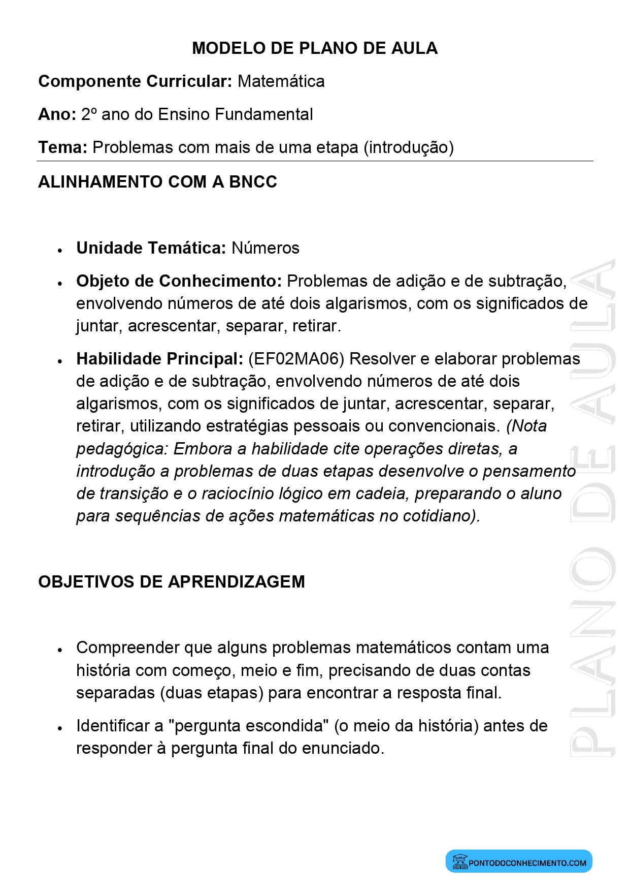 Modelo de Plano de Aula de Matemática para o 2º Ano do Ensino Fundamental sobre Problemas com Mais de uma Etapa Introdução