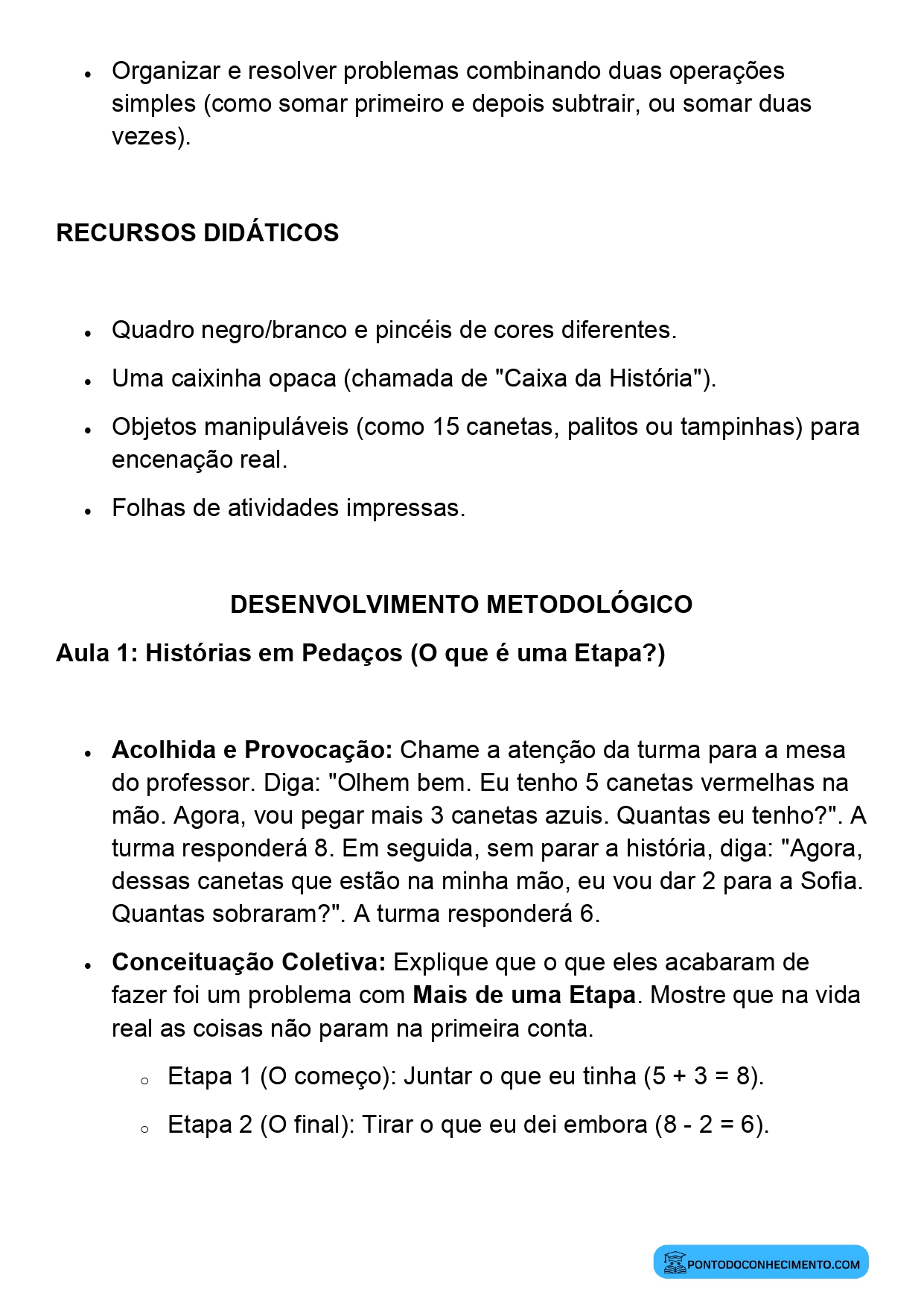 Plano de Aula Matemática 2º Ano Problemas com Mais de uma Etapa