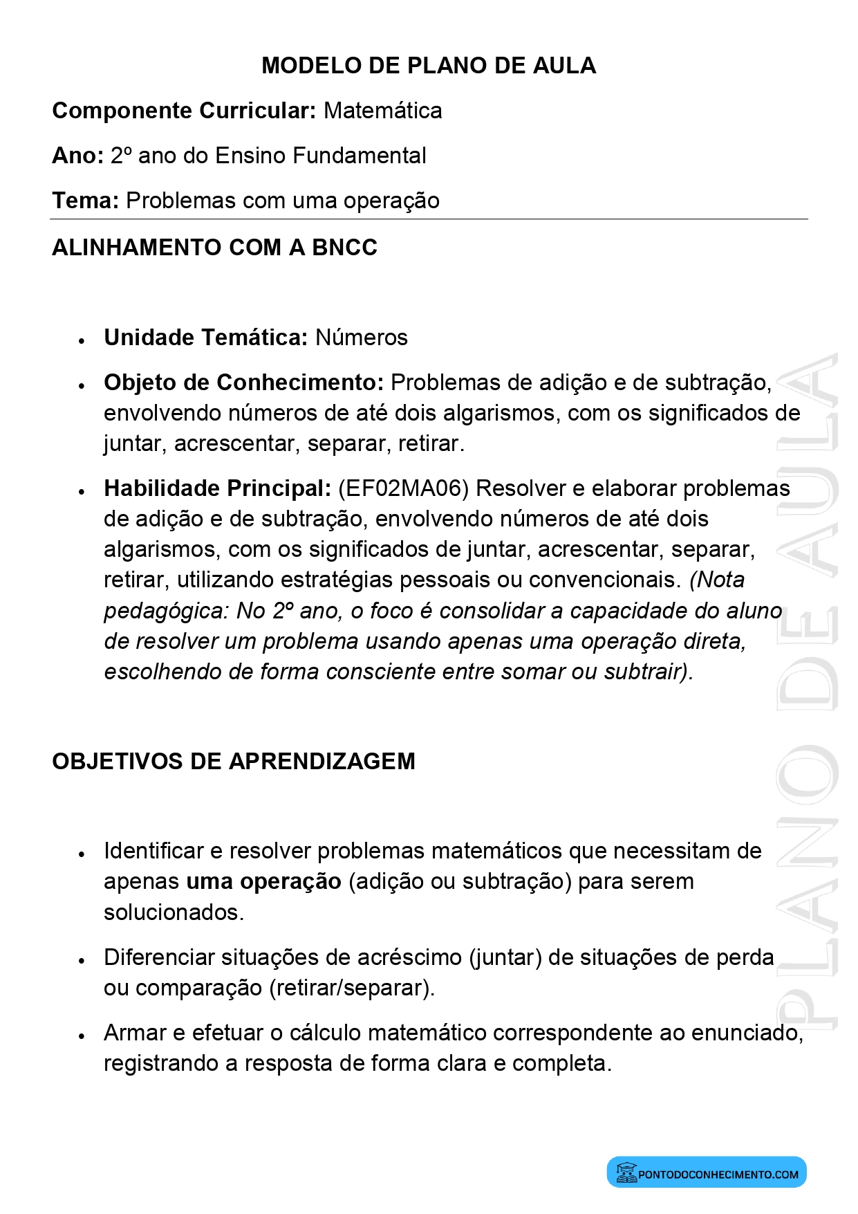 Modelo de Plano de Aula de Matemática para o 2º Ano do Ensino Fundamental sobre Problemas com uma Operação