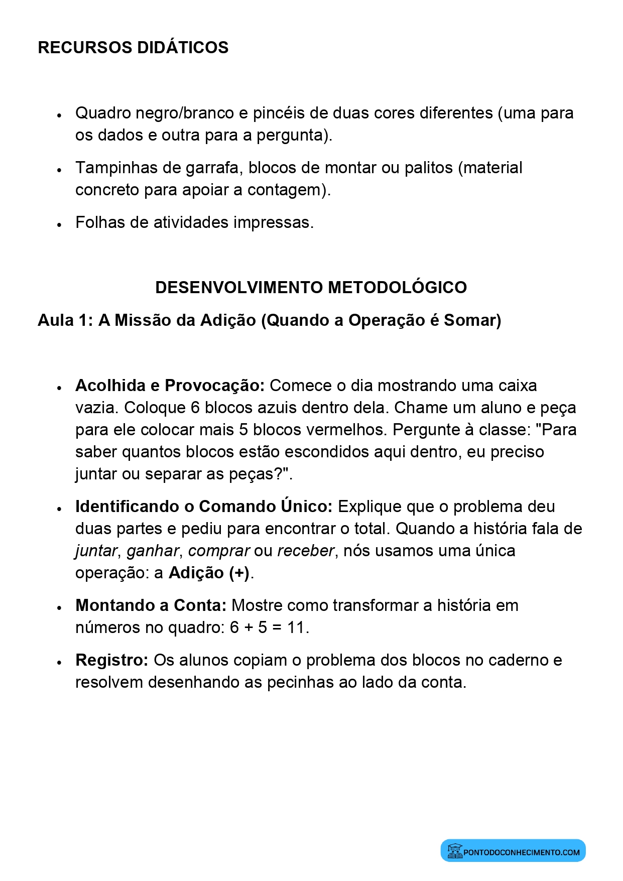 Plano de Aula Matemática 2º Ano Problemas com uma Operação