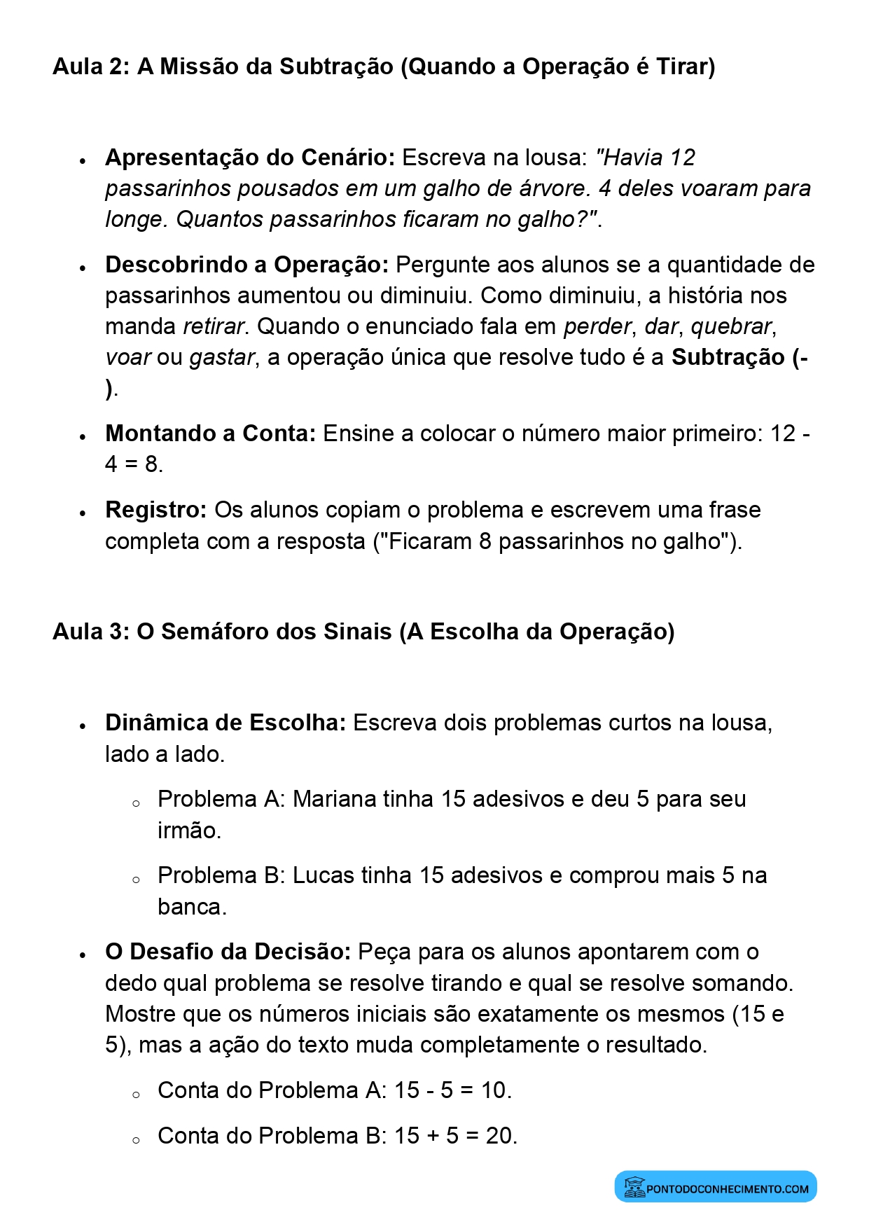 Plano de Aula Completo de Matemática 2º Ano Problemas com uma Operação