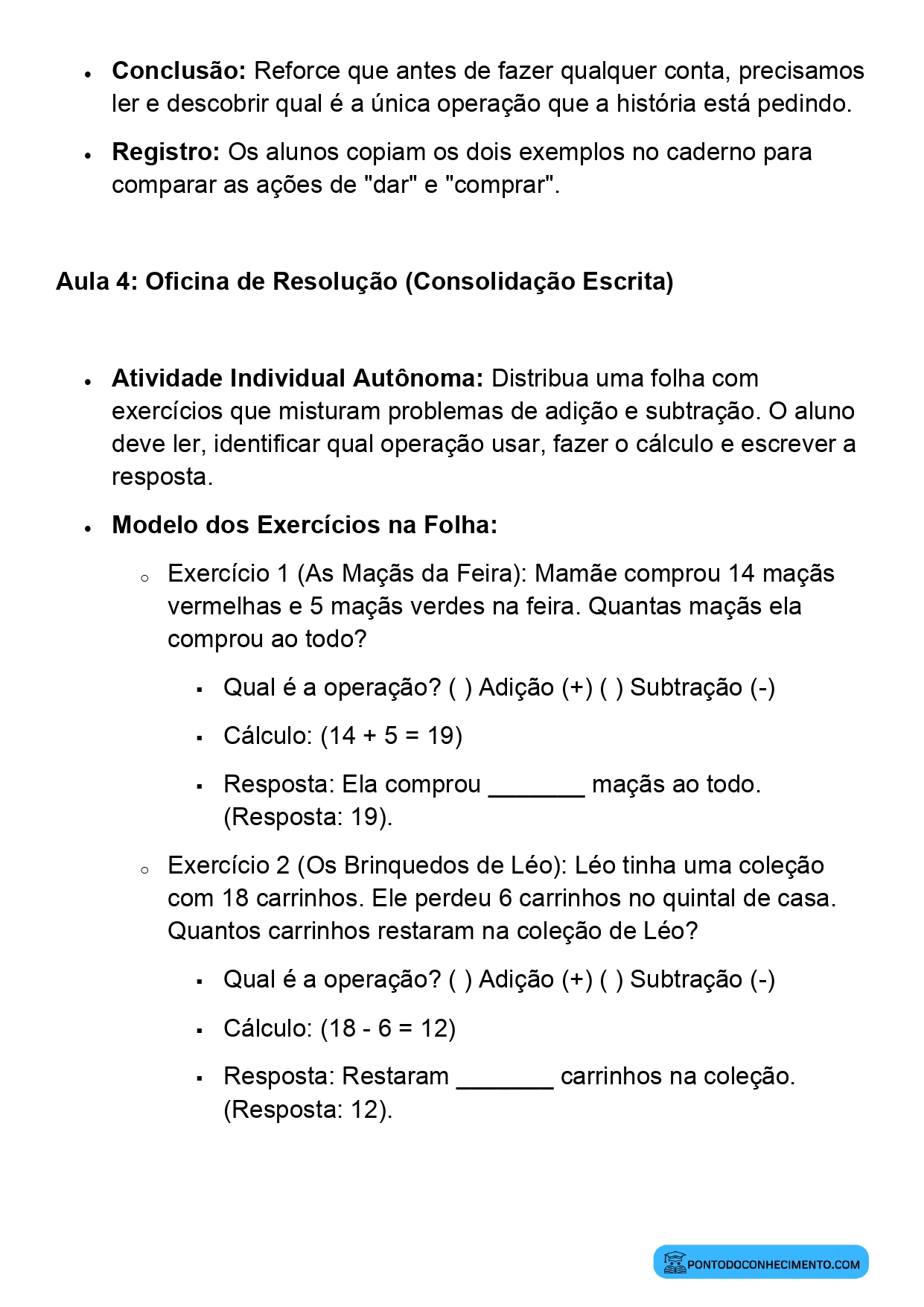Plano de Aula BNCC Matemática 2º Ano Problemas com uma Operação