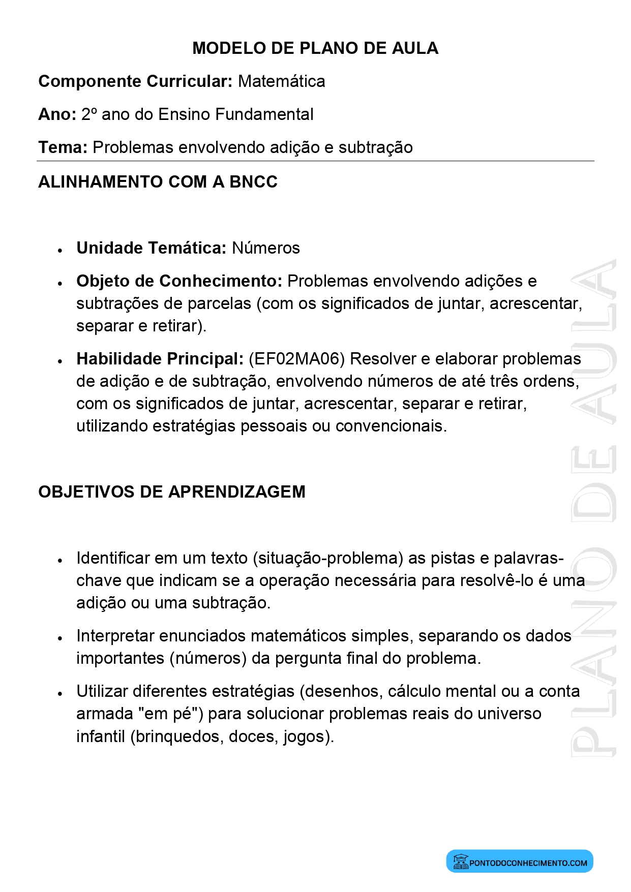 Modelo de Plano de Aula de Matemática para o 2º Ano do Ensino Fundamental sobre Problemas Envolvendo Adição e Subtração