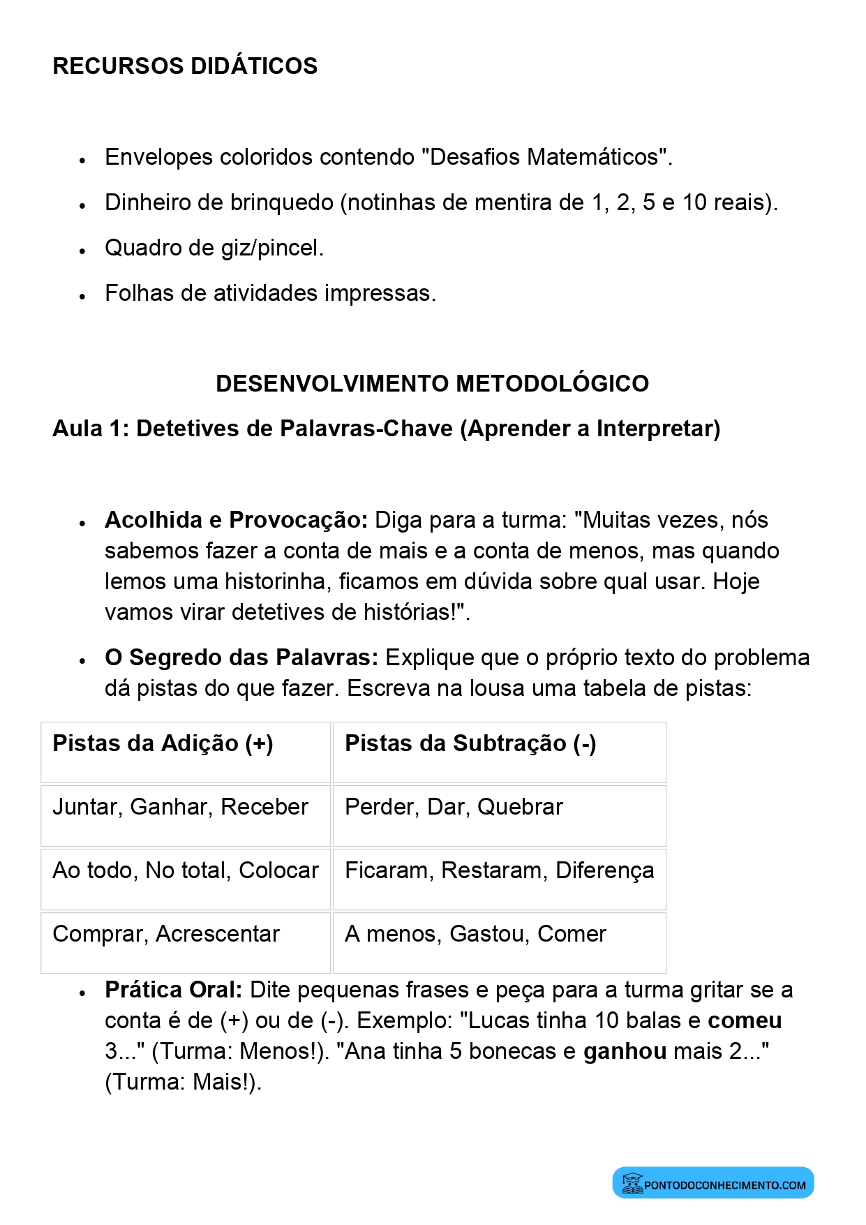 Plano de Aula Matemática 2º Ano Problemas Envolvendo Adição e Subtração