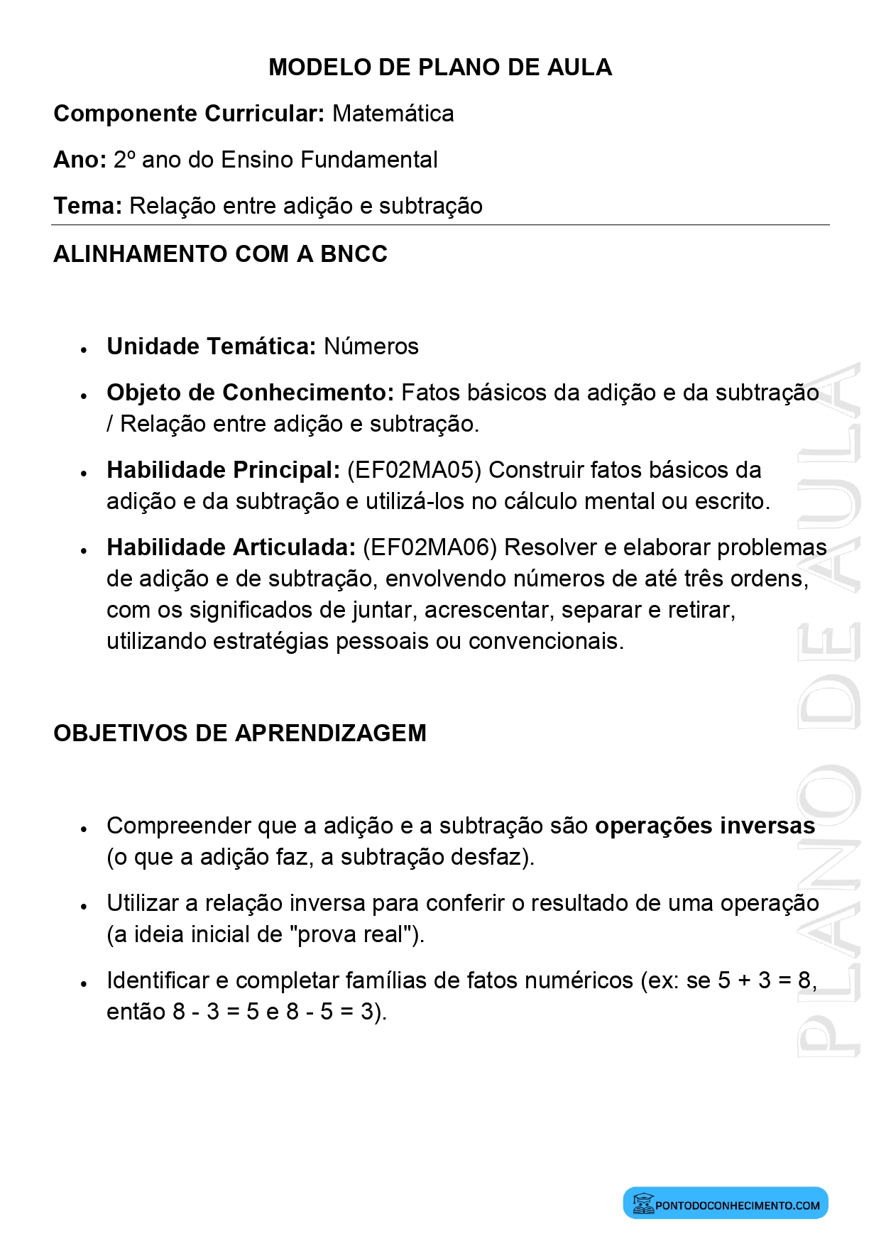 Modelo de Plano de Aula de Matemática para o 2º Ano do Ensino Fundamental sobre Relação entre Adição e Subtração