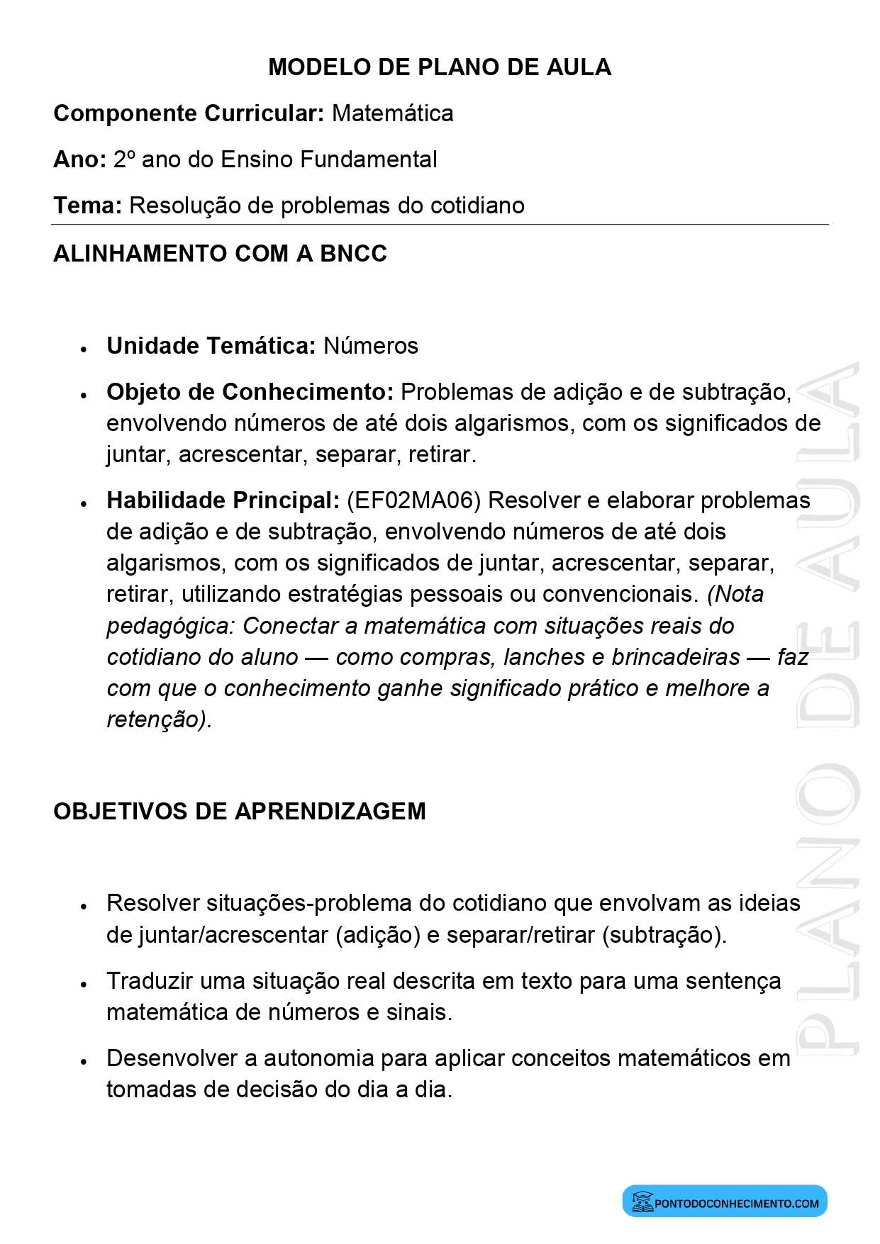 Modelo de Plano de Aula de Matemática para o 2º Ano do Ensino Fundamental sobre Resolução de Problemas do Cotidiano