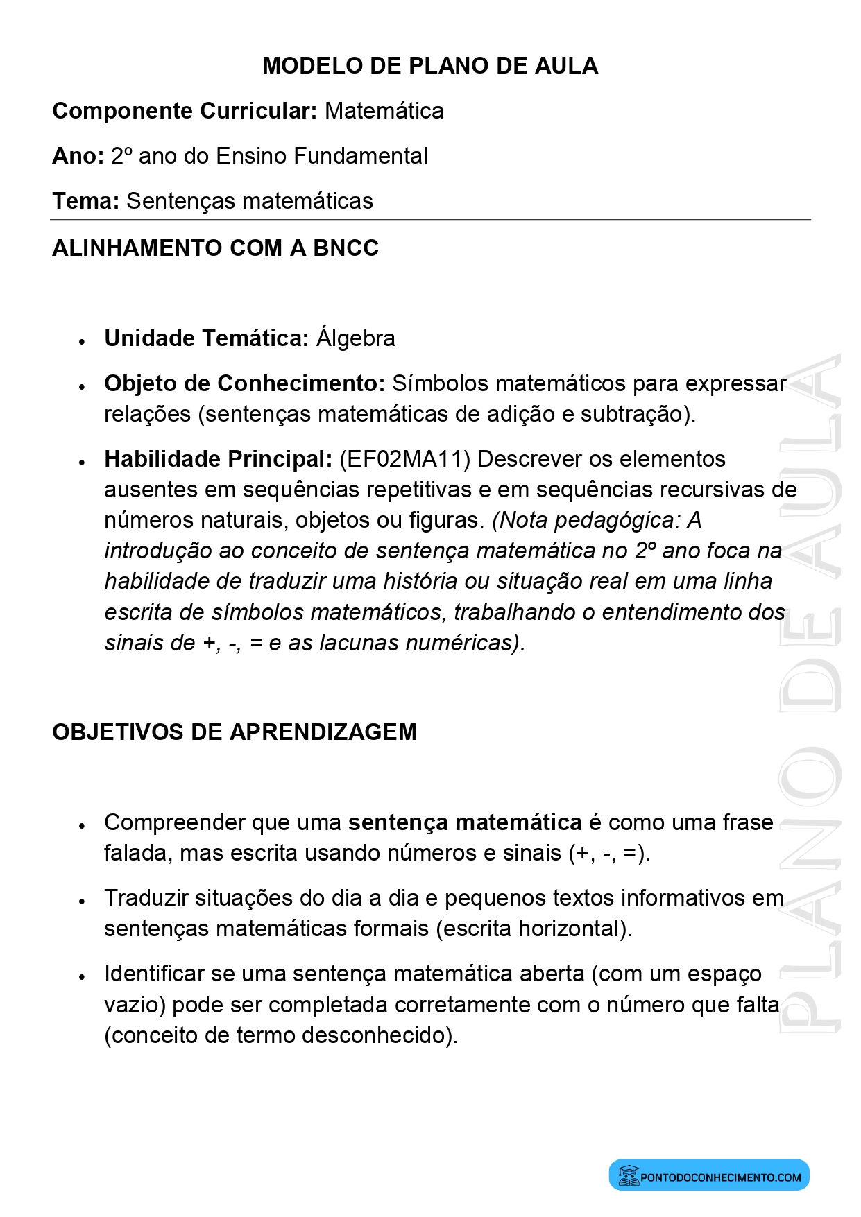 Modelo de Plano de Aula de Matemática para o 2º Ano do Ensino Fundamental sobre Sentenças Matemáticas