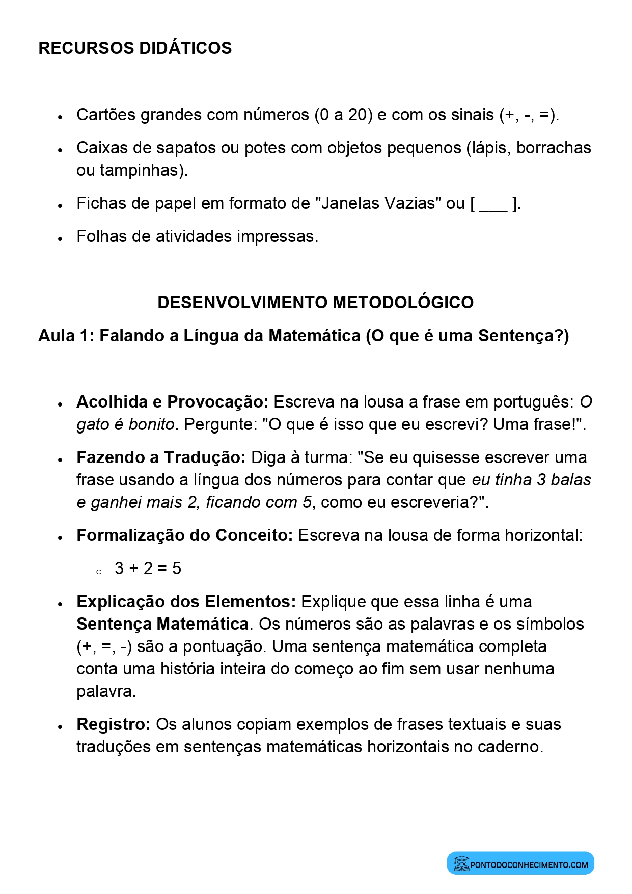 Plano de Aula Matemática 2º Ano Sentenças Matemáticas