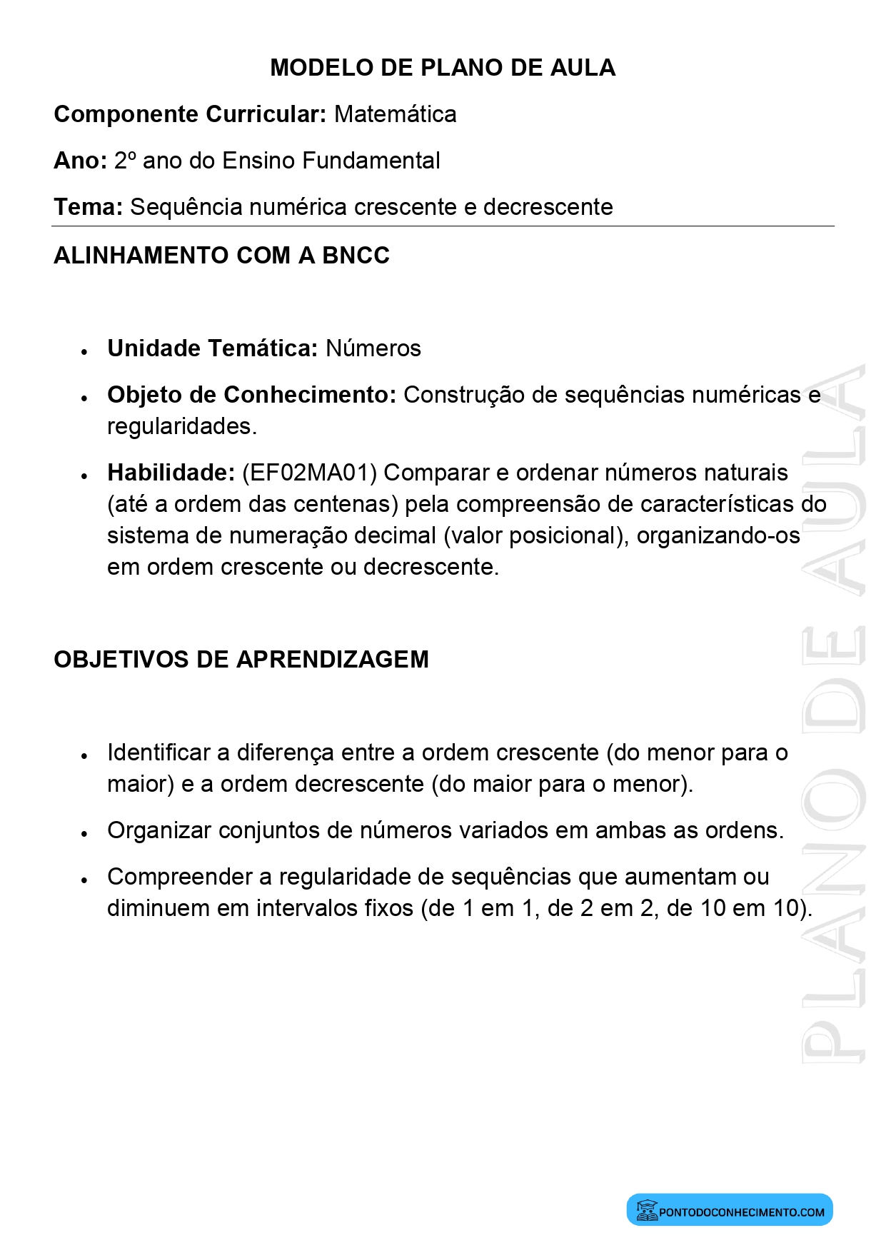 Modelo de Plano de Aula de Matemática para o 2º Ano do Ensino Fundamental sobre Sequência Numérica Crescente e Decrescente