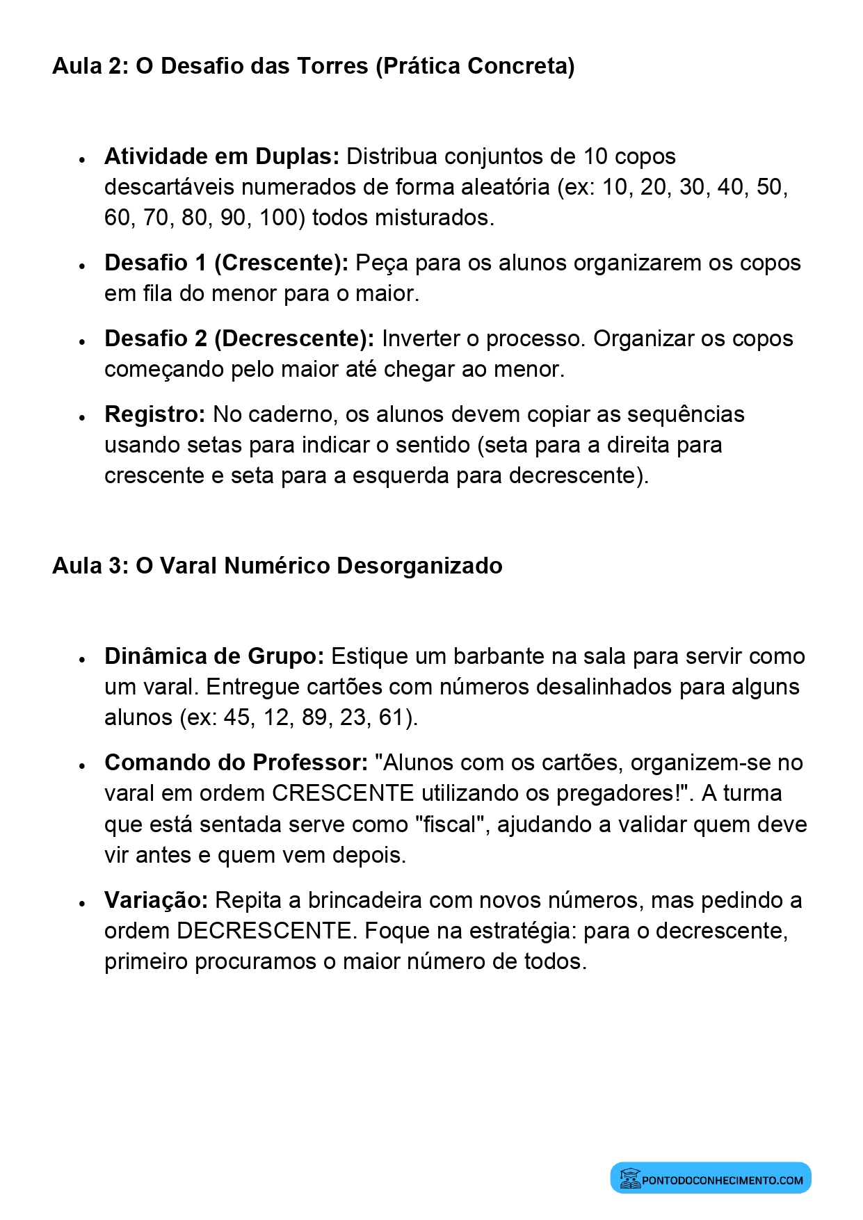 Plano de Aula Completo de Matemática 2º Ano Sequência Numérica Crescente e Decrescente