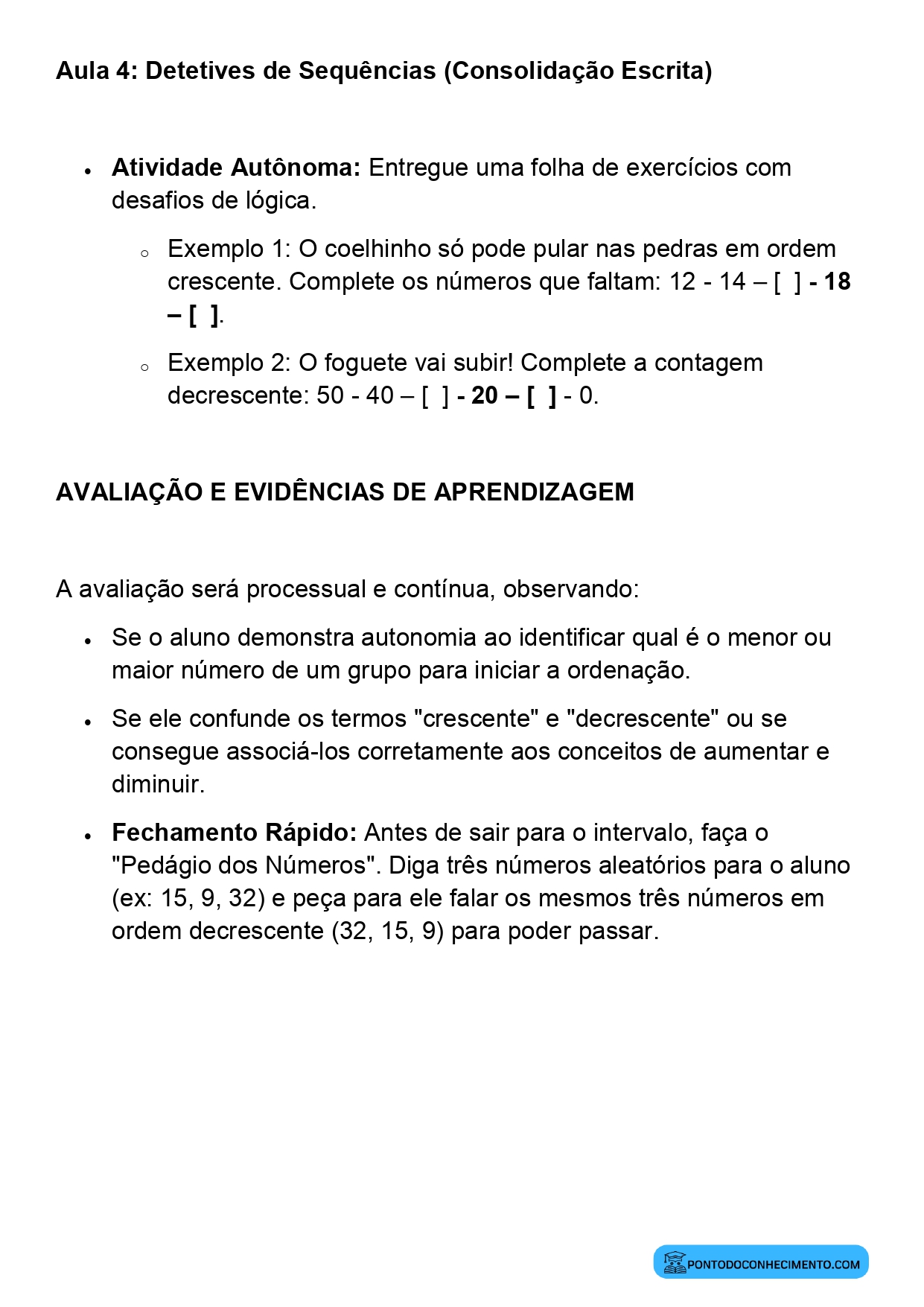 Plano de Aula BNCC Matemática 2º Ano Sequência Numérica Crescente e Decrescente