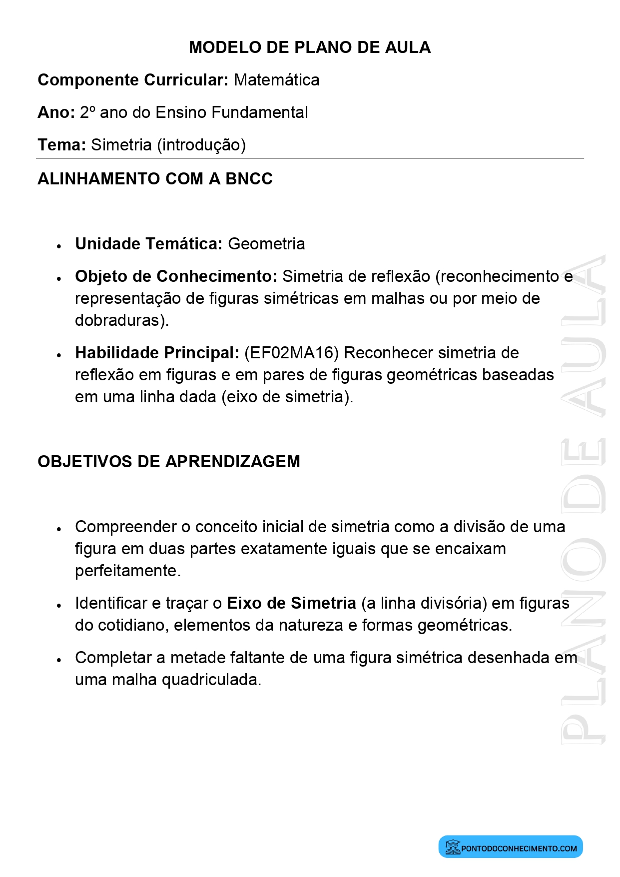 Modelo de Plano de Aula de Matemática para o 2º Ano do Ensino Fundamental sobre Simetria Introdução
