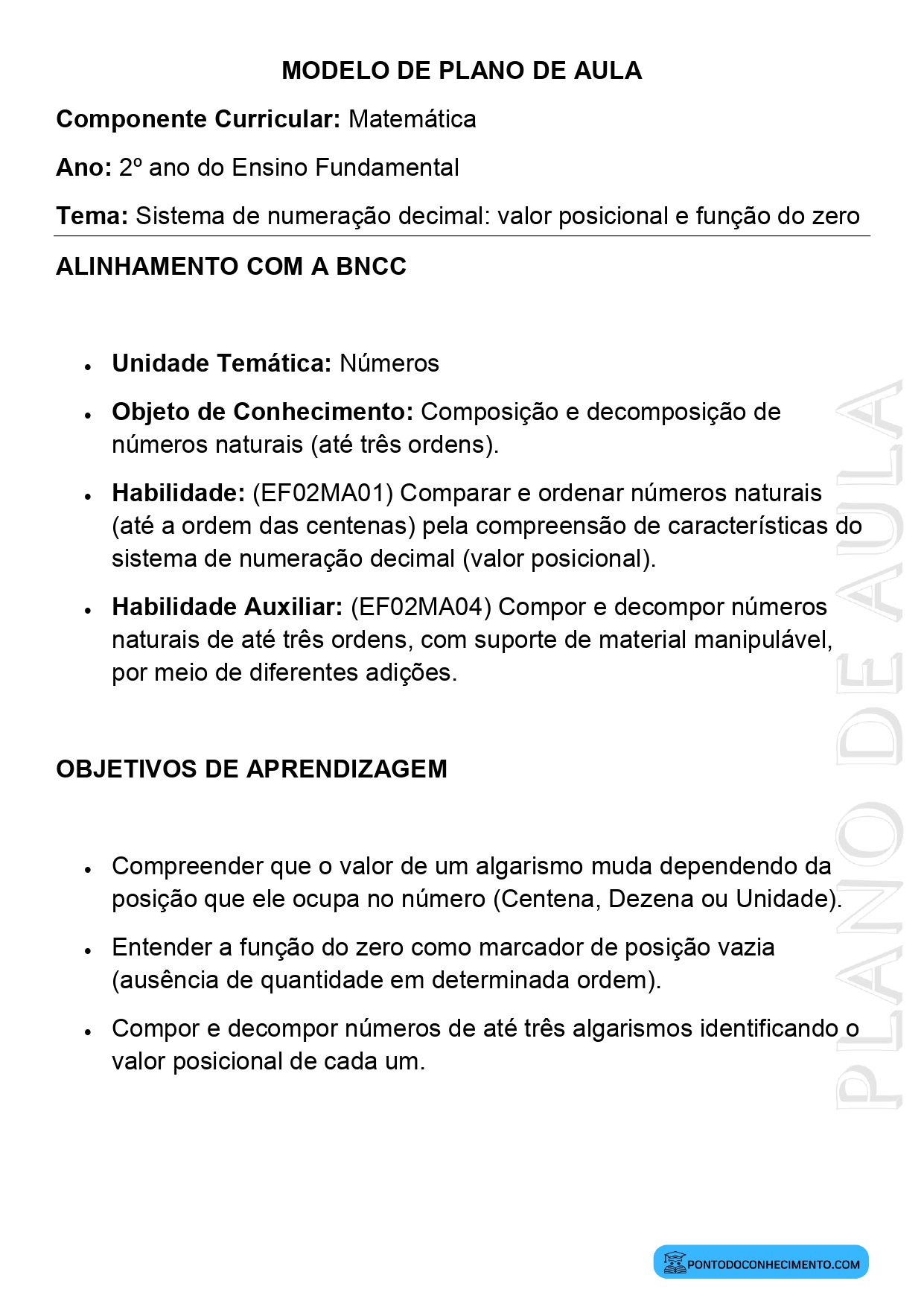Modelo de Plano de Aula de Matemática para o 2º Ano do Ensino Fundamental sobre Sistema de Numeração Decimal Valor Posicional e Função do Zero