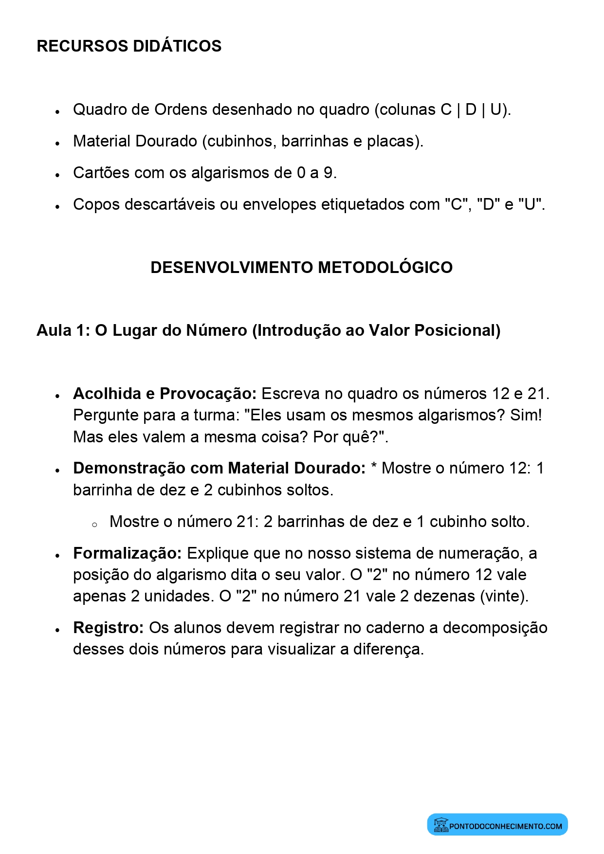 Plano de Aula Matemática 2º Ano Sistema de Numeração Decimal Valor Posicional e Função do Zero