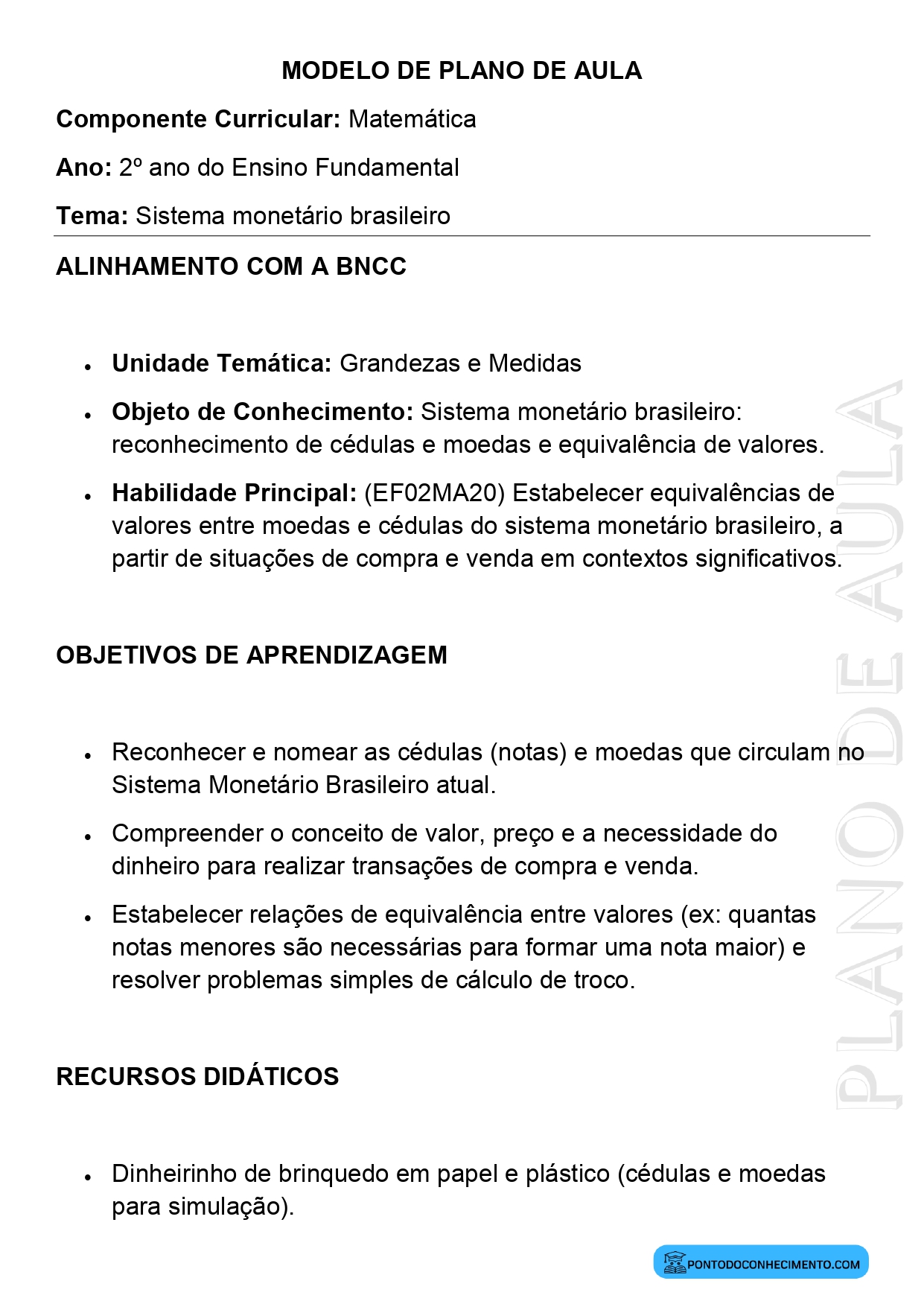 Modelo de Plano de Aula de Matemática para o 2º Ano do Ensino Fundamental sobre Sistema Monetário Brasileiro