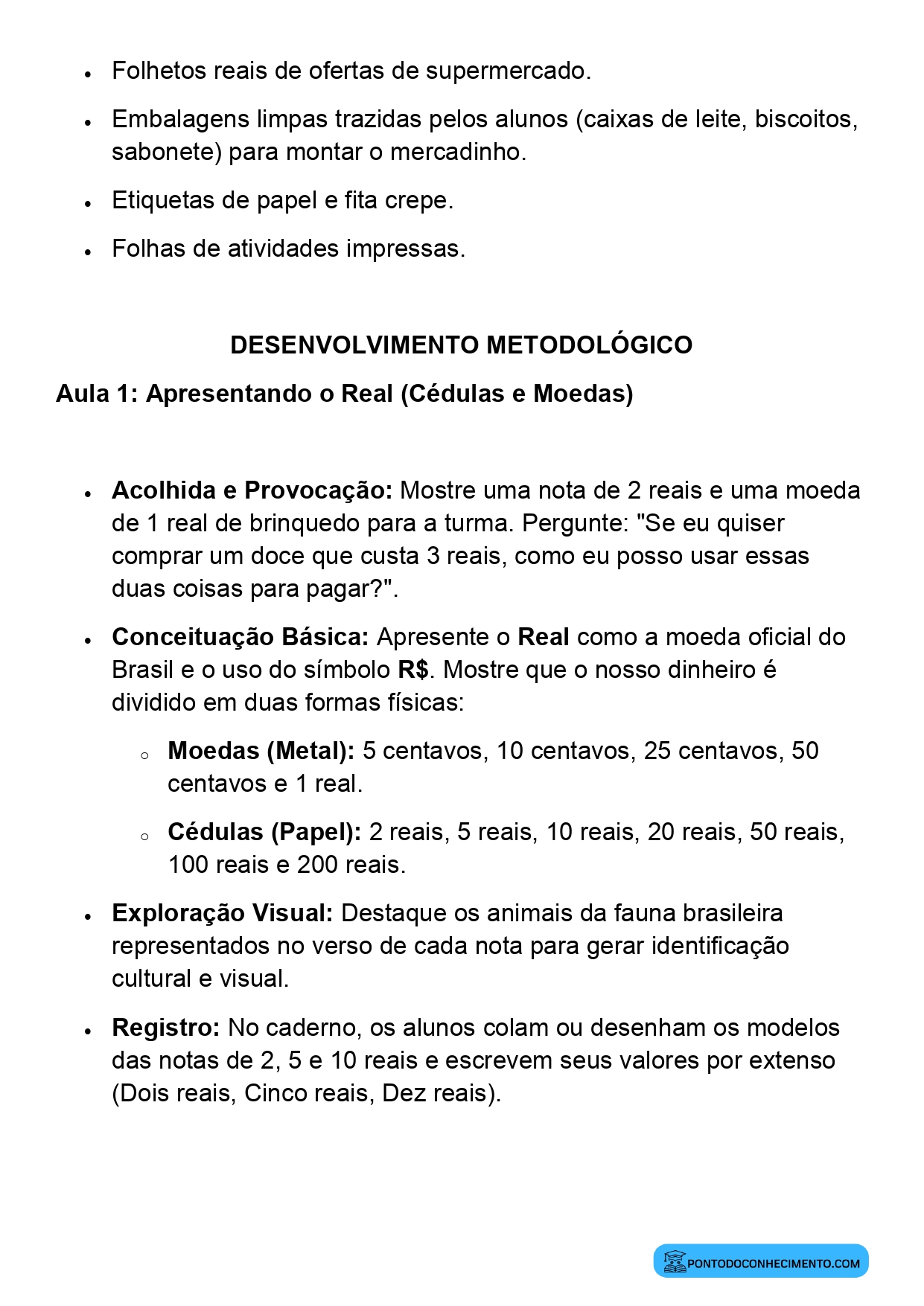 Plano de Aula Matemática 2º Ano Sistema Monetário Brasileiro