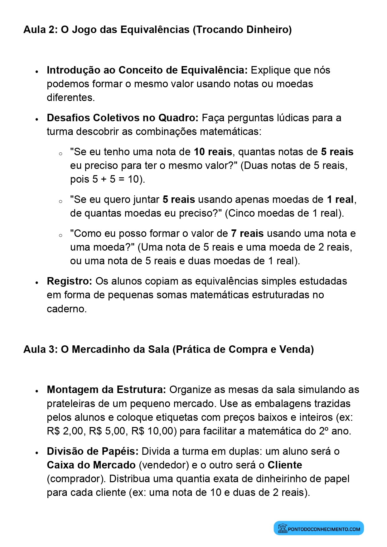 Plano de Aula Completo de Matemática 2º Ano Sistema Monetário Brasileiro