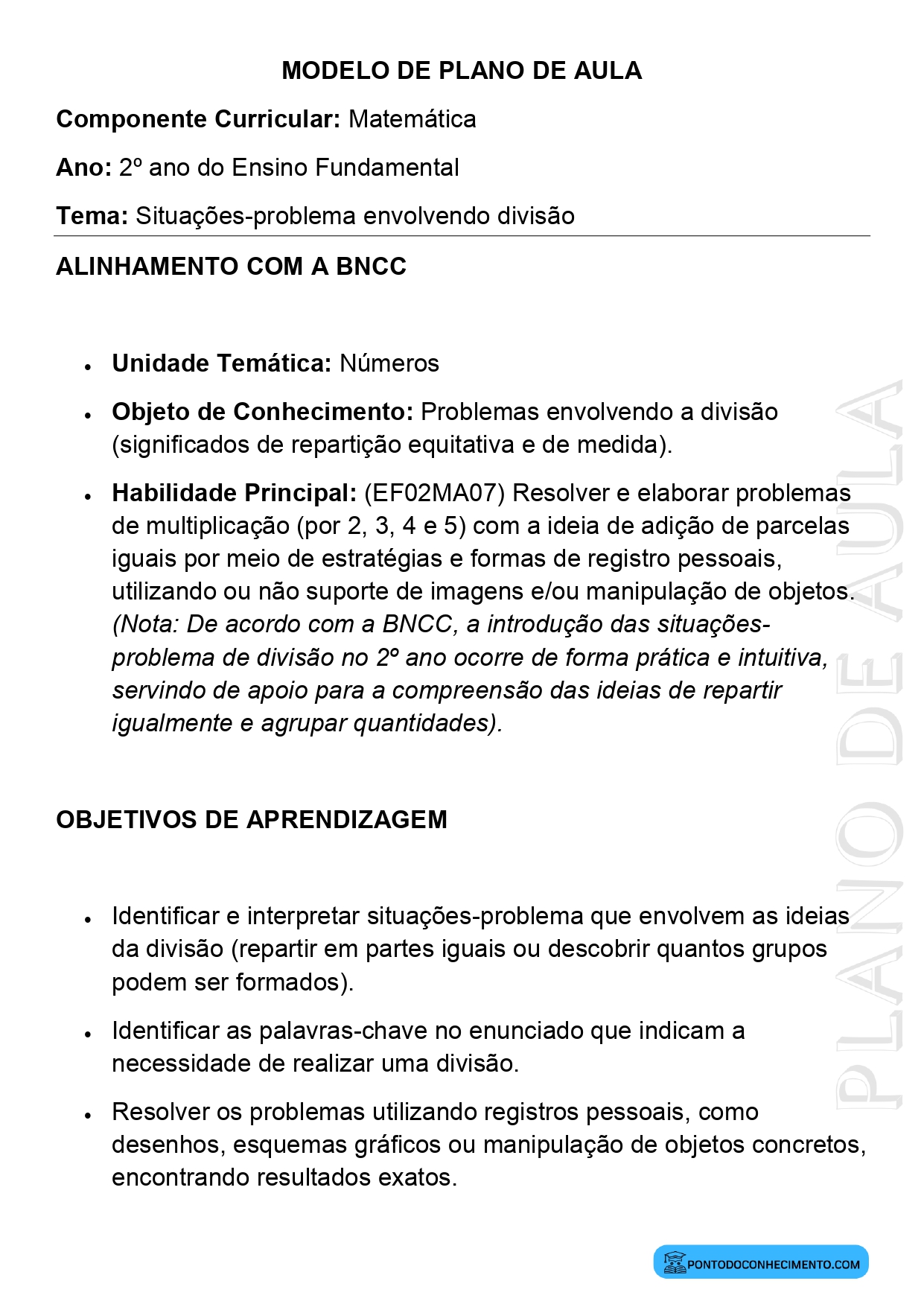Modelo de Plano de Aula de Matemática para o 2º Ano do Ensino Fundamental sobre Situações Problema Envolvendo Divisão