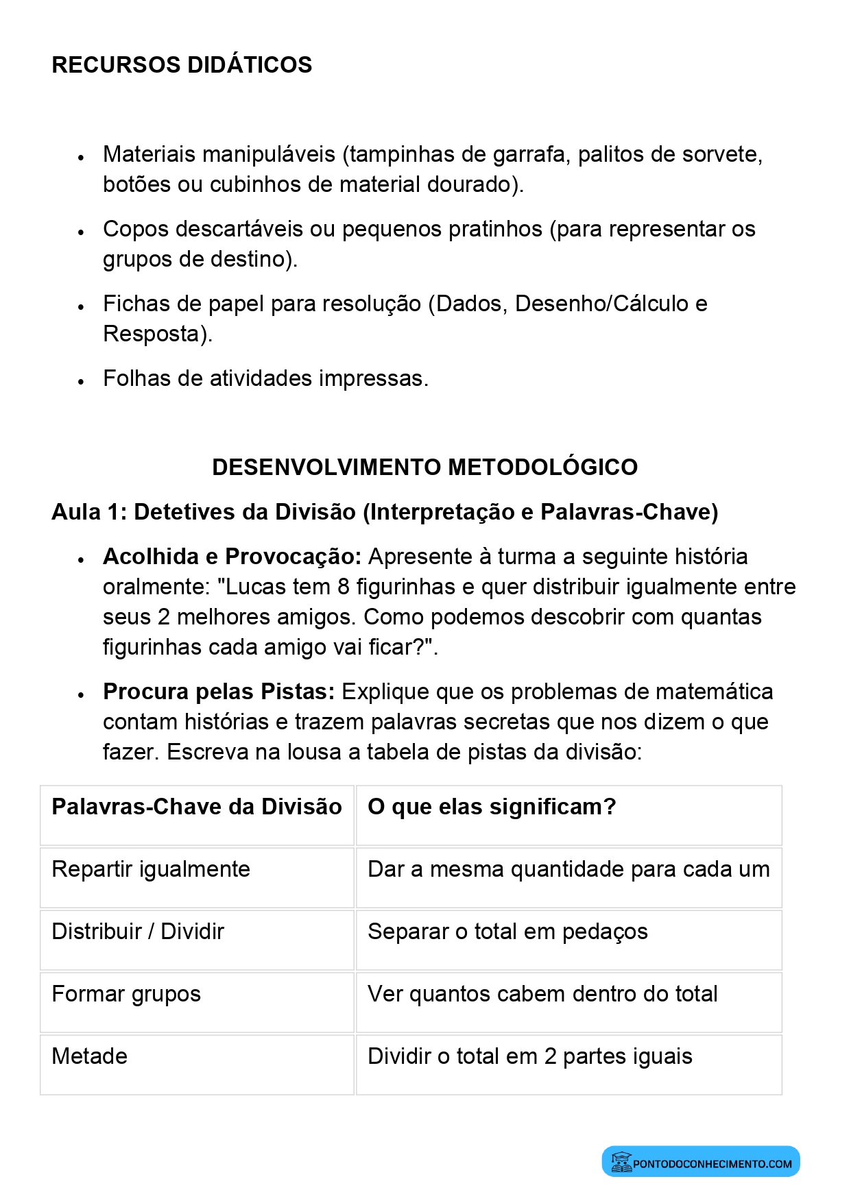 Plano de Aula Matemática 2º Ano Situações Problema Envolvendo Divisão