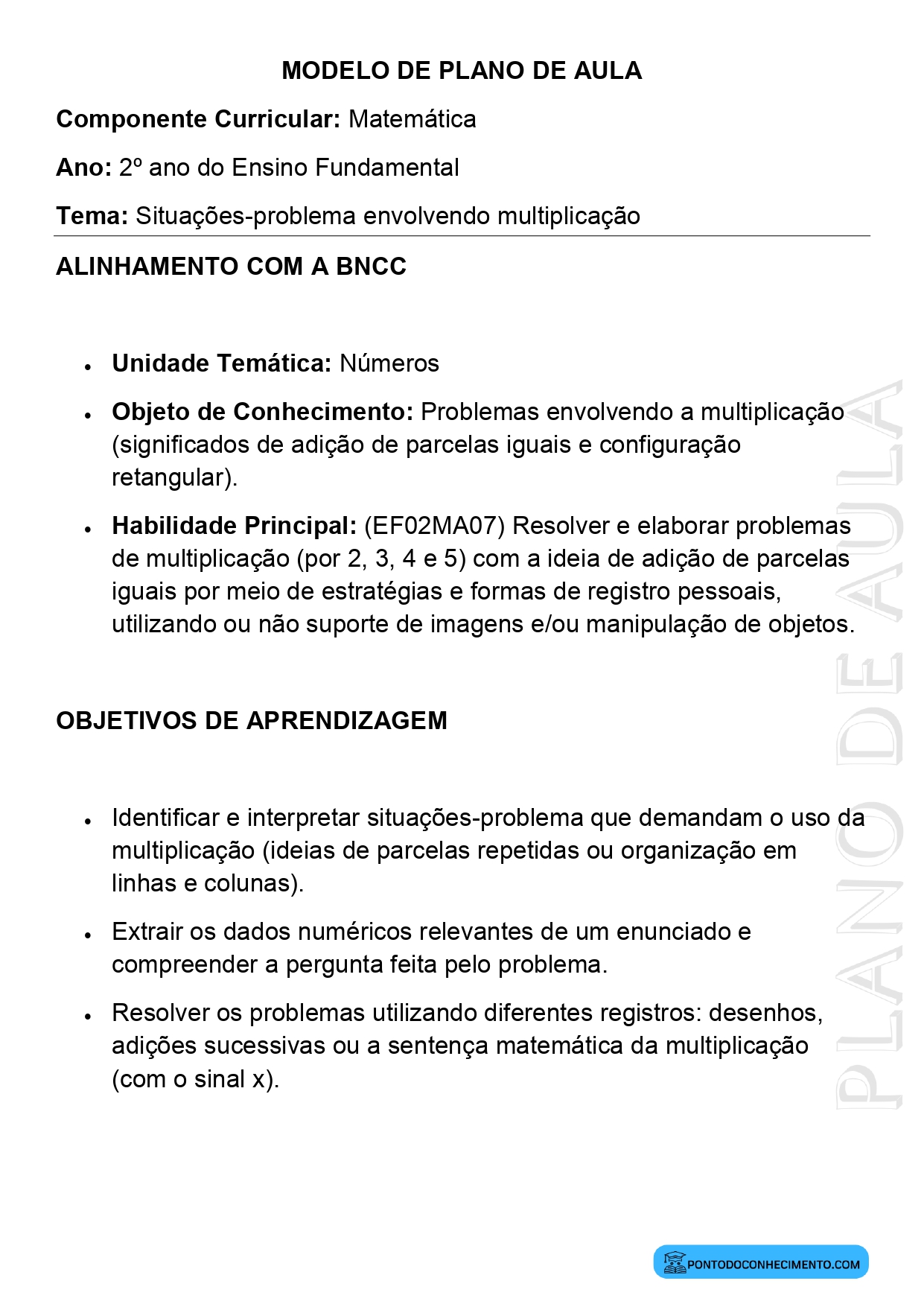 Modelo de Plano de Aula de Matemática para o 2º Ano do Ensino Fundamental sobre Situações Problema Envolvendo Multiplicação