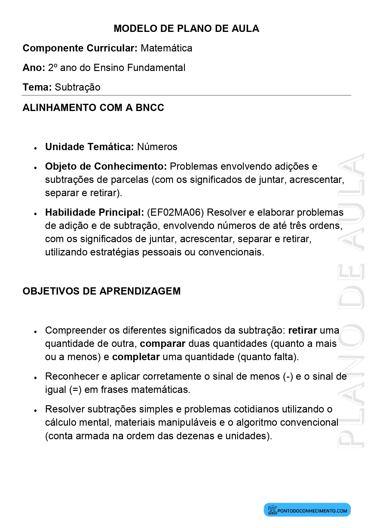 Modelo de Plano de Aula de Matemática para o 2º Ano do Ensino Fundamental sobre Subtração