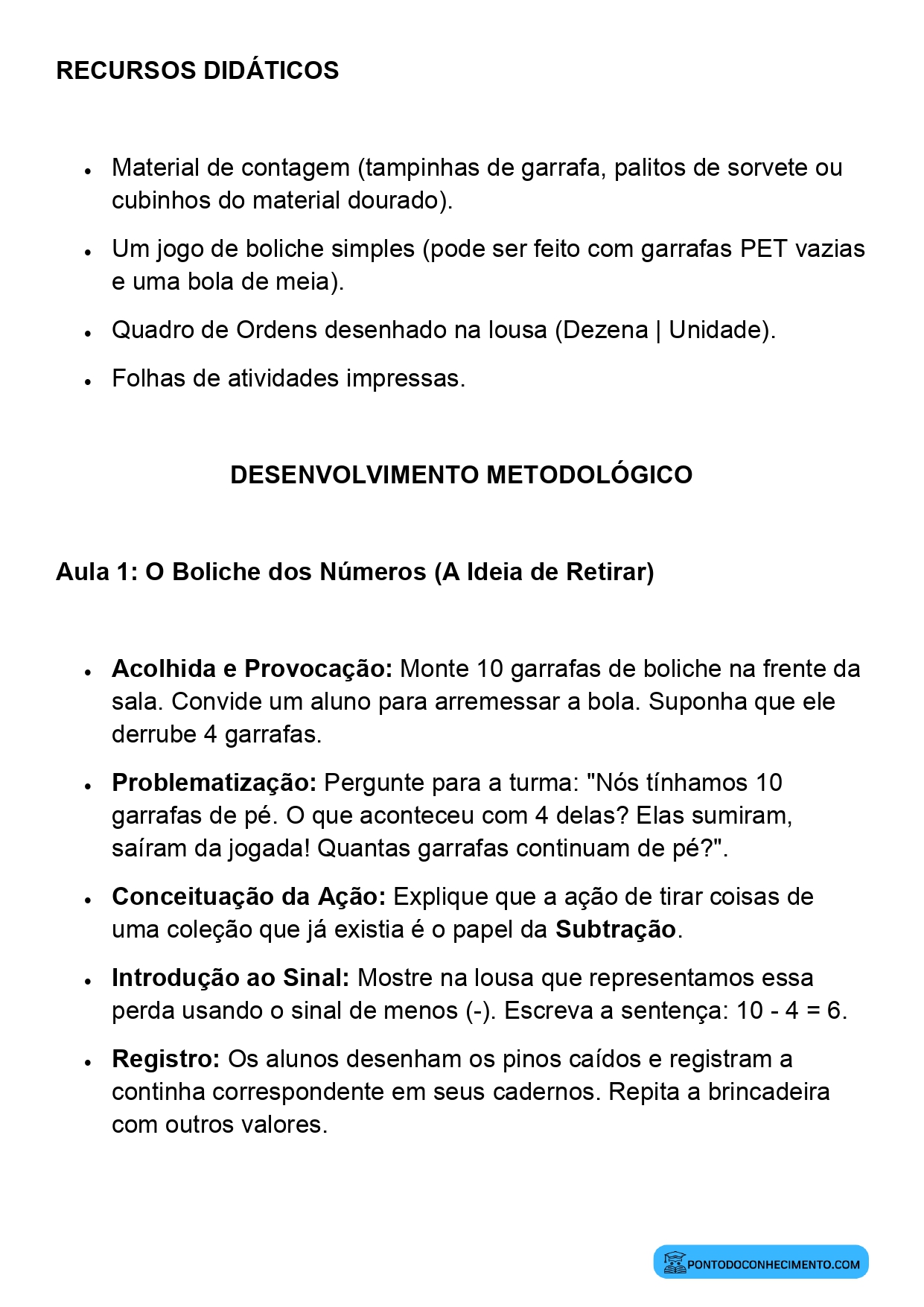 Plano de Aula Matemática 2º Ano Subtração